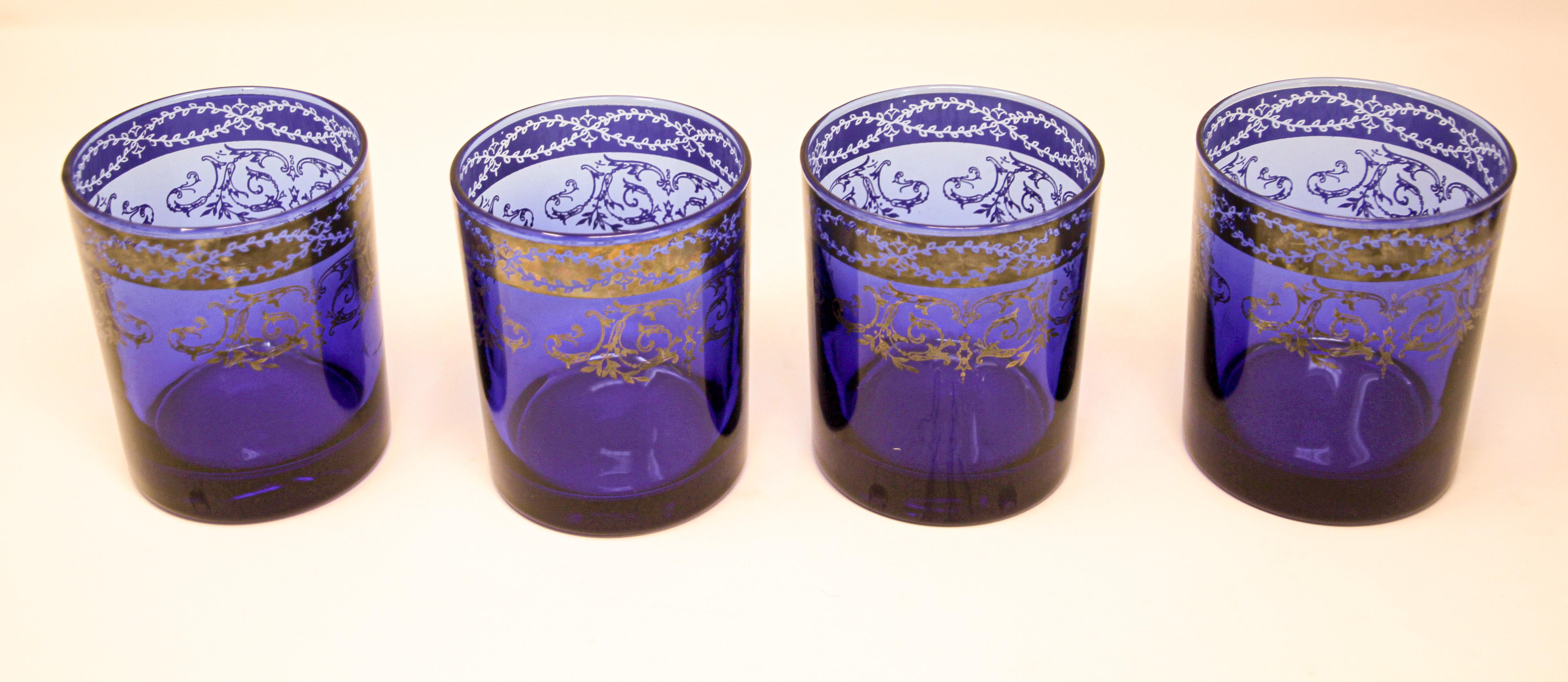 Art Nouveau Blown Crystal Whiskey Glasses Tumbler Gilt Baccarat in Sapphire Blue, Italy