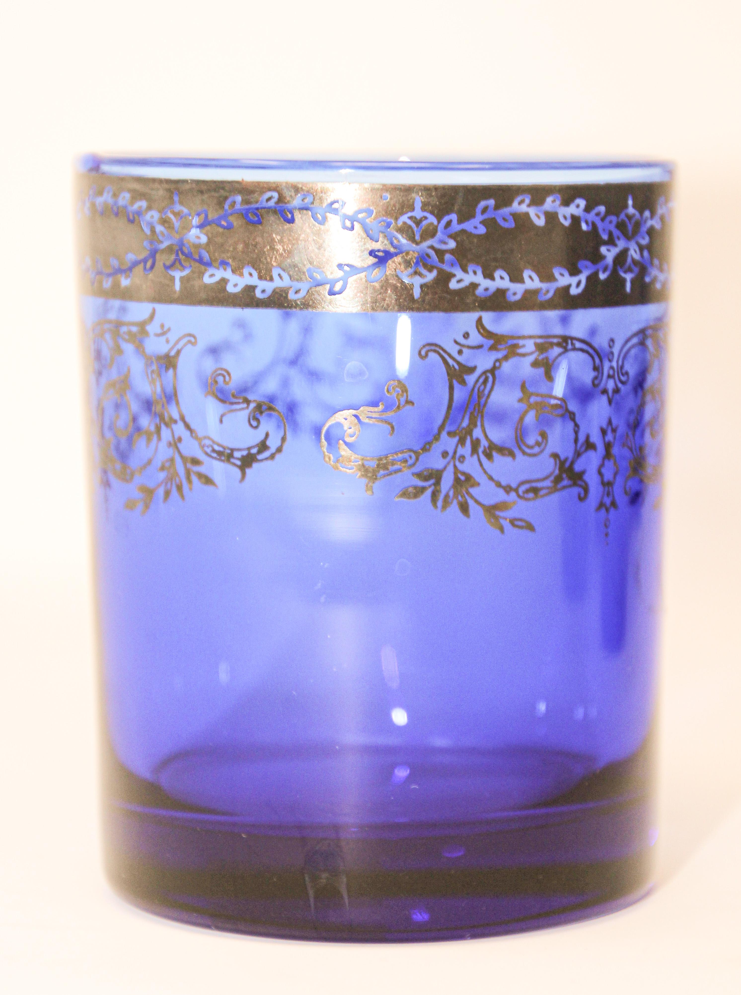 Italian Blown Crystal Whiskey Glasses Tumbler Gilt Baccarat in Sapphire Blue, Italy