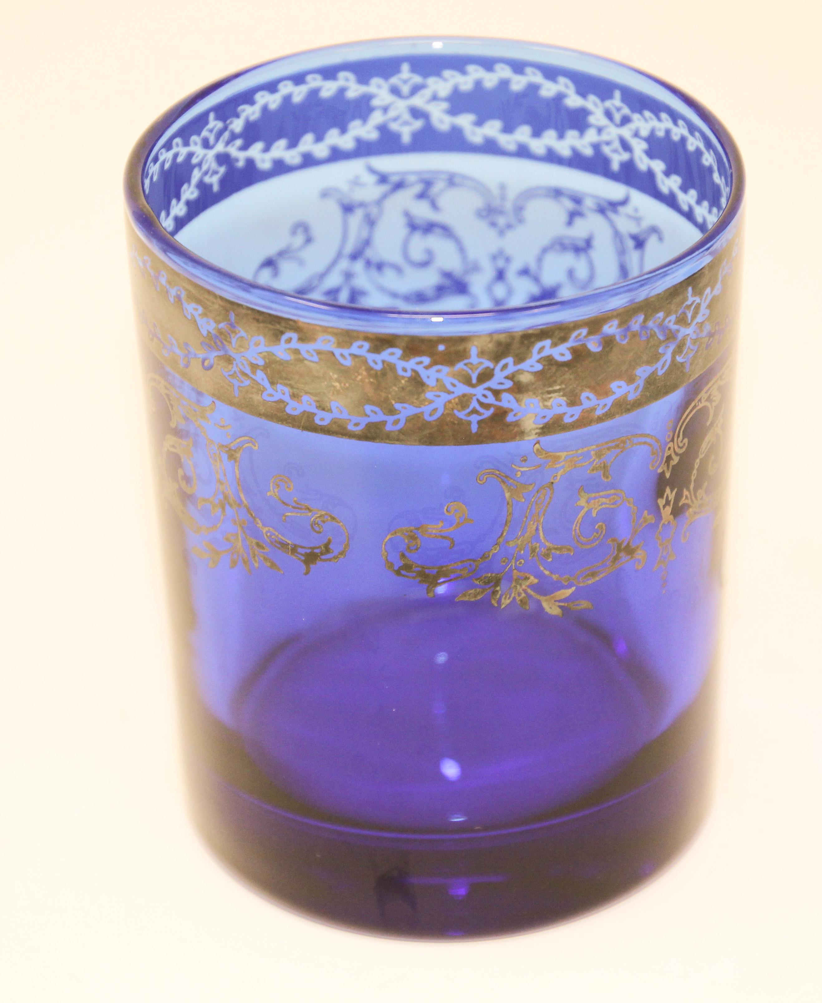 Hand-Painted Blown Crystal Whiskey Glasses Tumbler Gilt Baccarat in Sapphire Blue, Italy