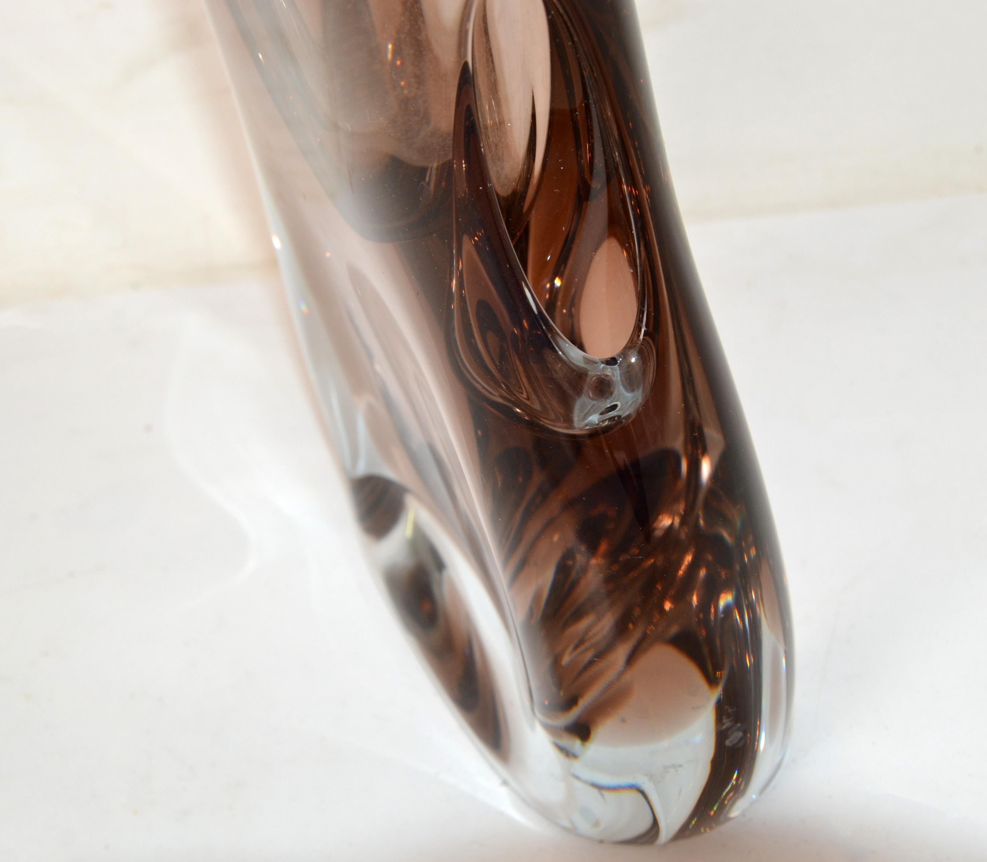 Blown Glass Blown Freeform Murano Smoke & Clear Two Opening Orchids Art Glass Vase Italy 70s For Sale