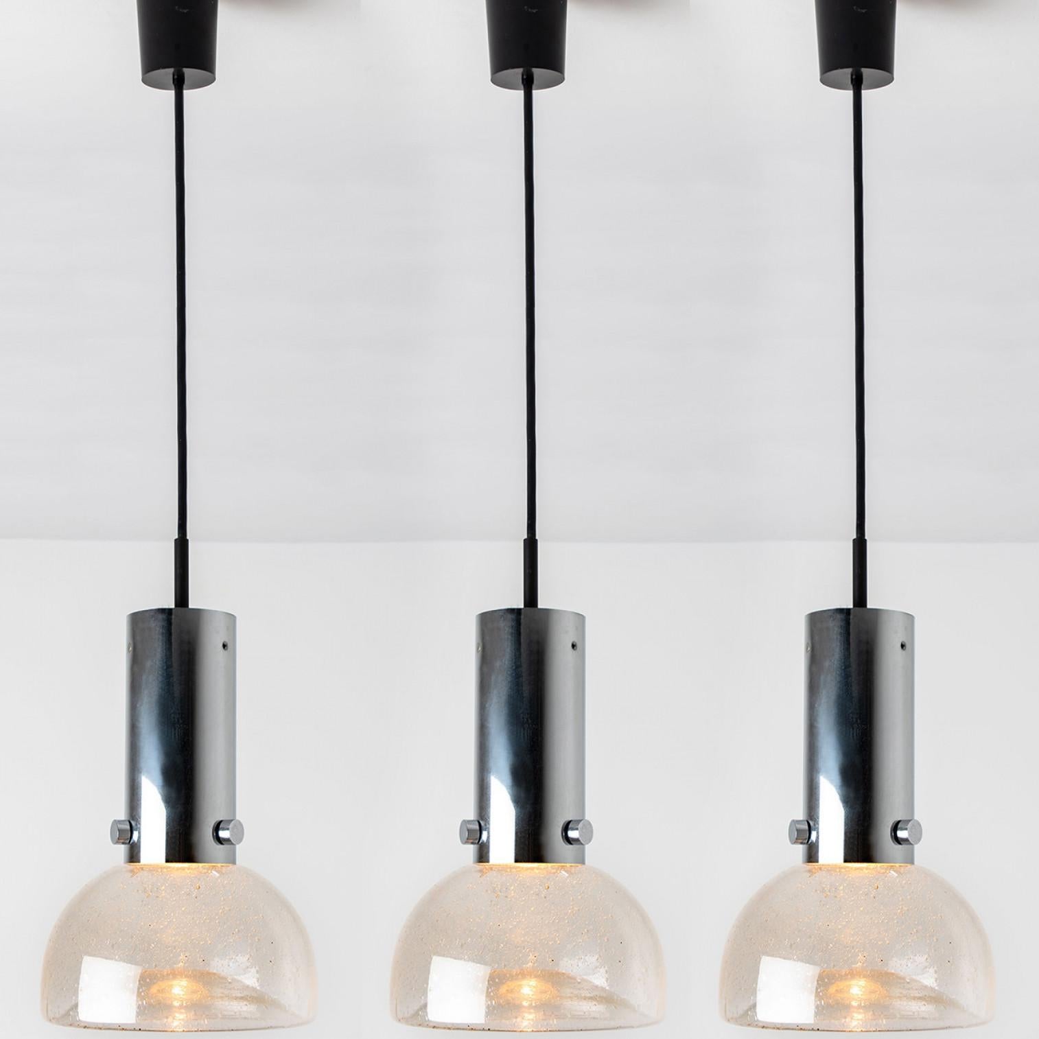 Blown Glass and Chrome Tube Pedant Lights by Staff Leuchten, 1970s In Good Condition For Sale In Rijssen, NL