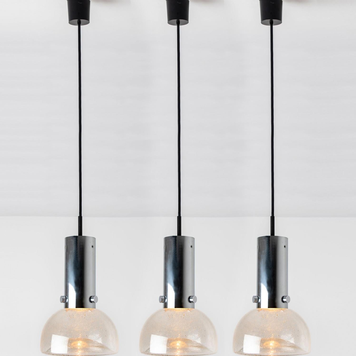 Blown Glass and Chrome Tube Pedant Lights by Staff Leuchten, 1970s For Sale 2