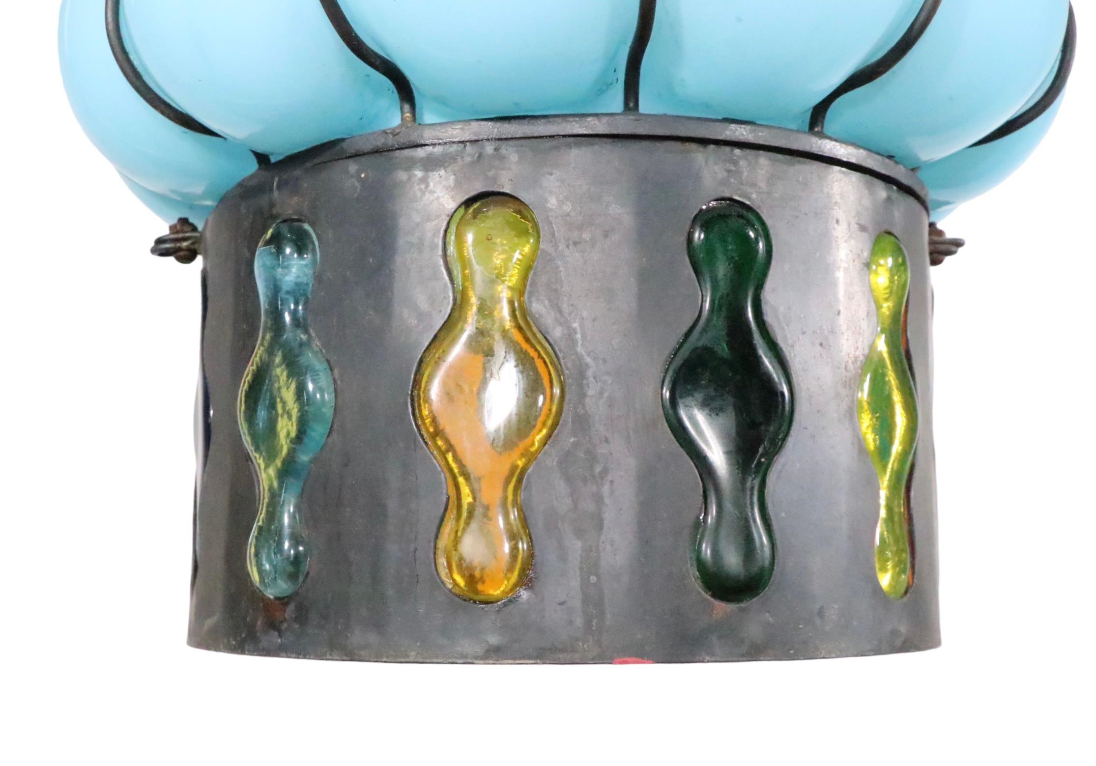 Brutalist Blown Glass and Wrought Iron Chandelier Made in Italy  For Sale