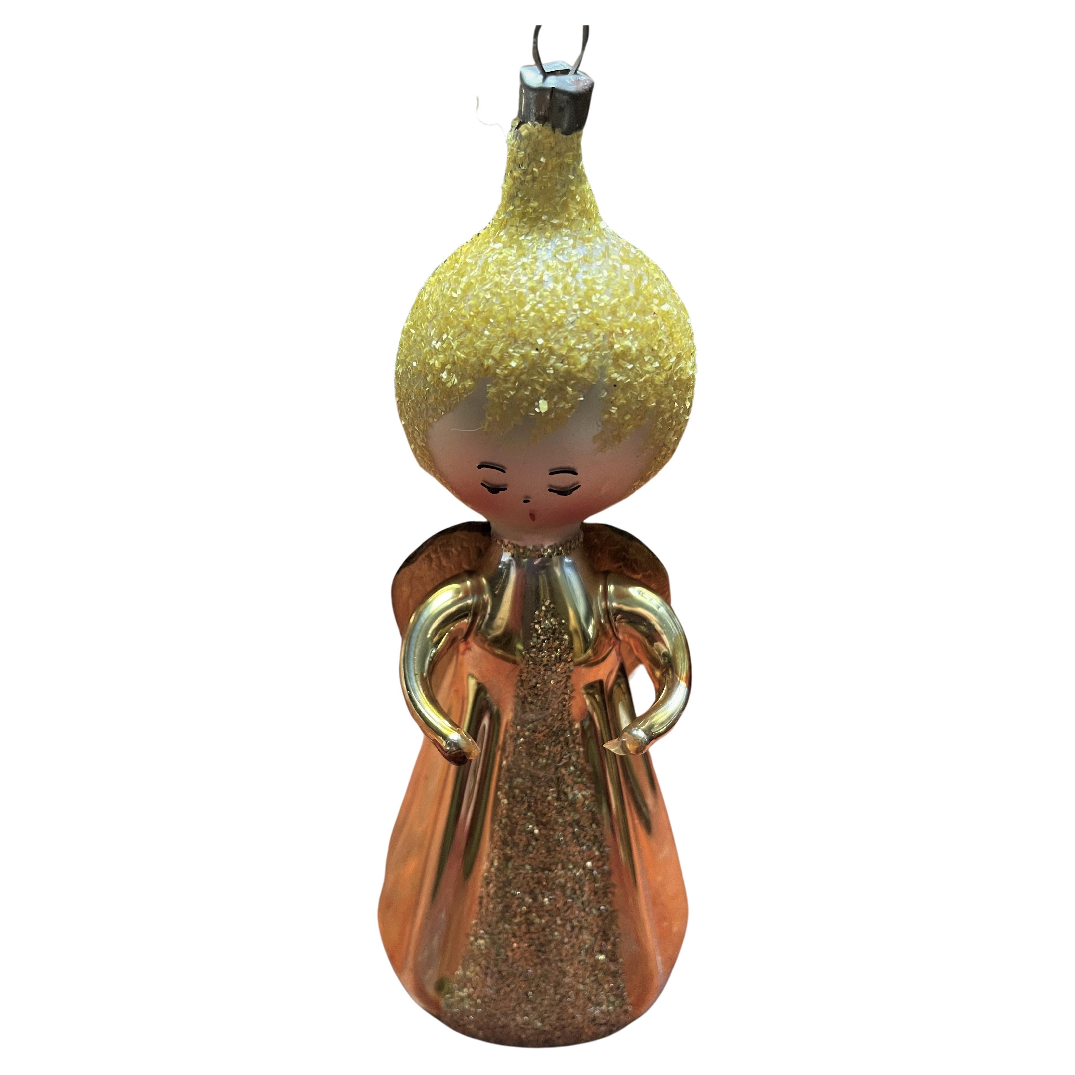 Blown Glass Angel Caroler Gold Robe West Germany Christmas Ornament  For Sale