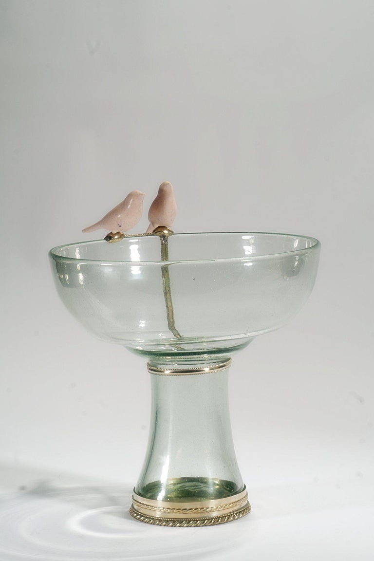 Glazed Blown Glass Bowl with Cerámic Birds and White Metal 'Alpaca' For Sale