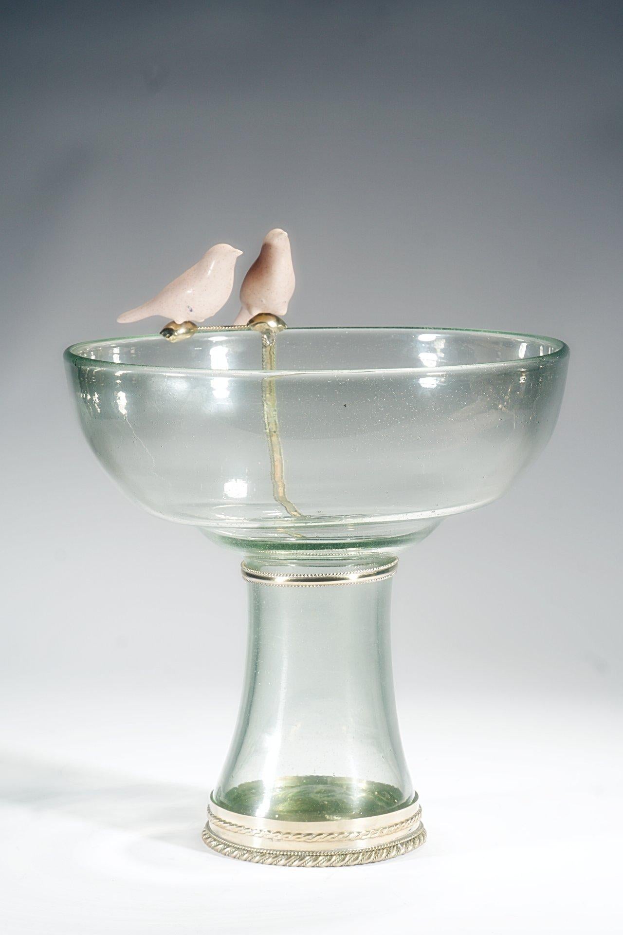 Contemporary Blown Glass Bowl with Cerámic Birds and White Metal 'Alpaca'