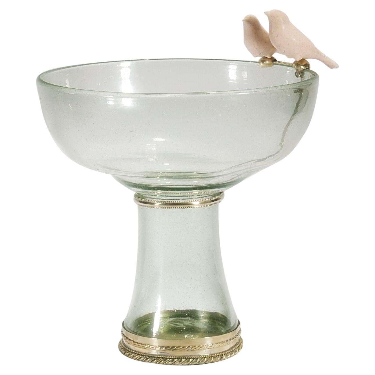 Blown Glass Bowl with Cerámic Birds and White Metal 'Alpaca'