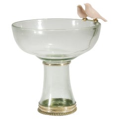 Blown Glass Bowl with Cerámic Birds and White Metal 
Alpaca
