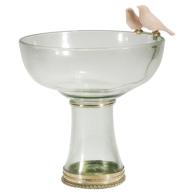 Blown Glass Bowl with Cerámic Birds and White Metal 'Alpaca' For Sale