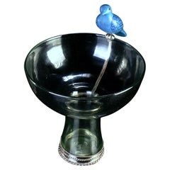 Blown Glass Bowl with Cerámic Birds and White Metal 'Alpaca'