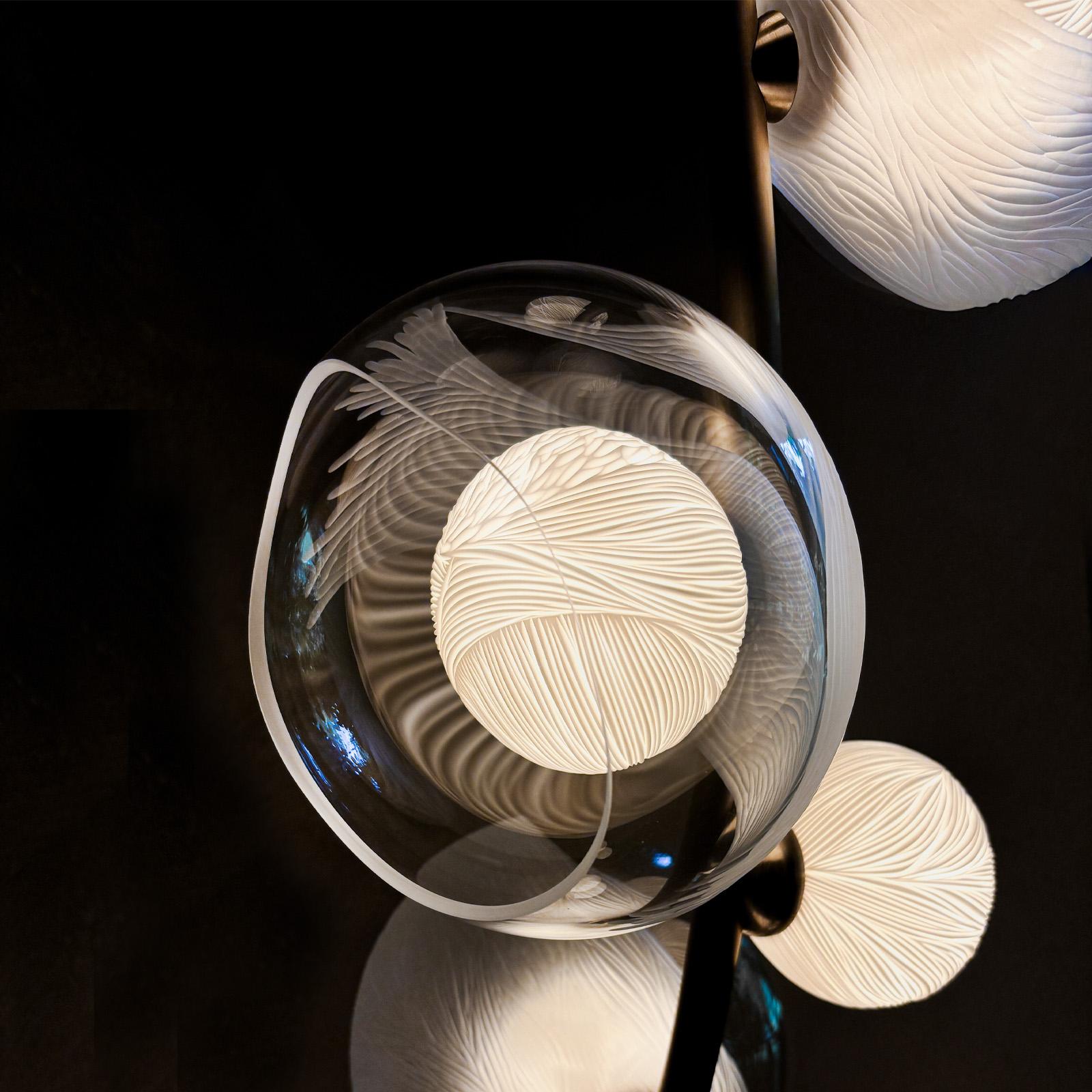 Engraved Blown glass, engraved porcelain with brass floor lamp by Vezzini & Chen For Sale