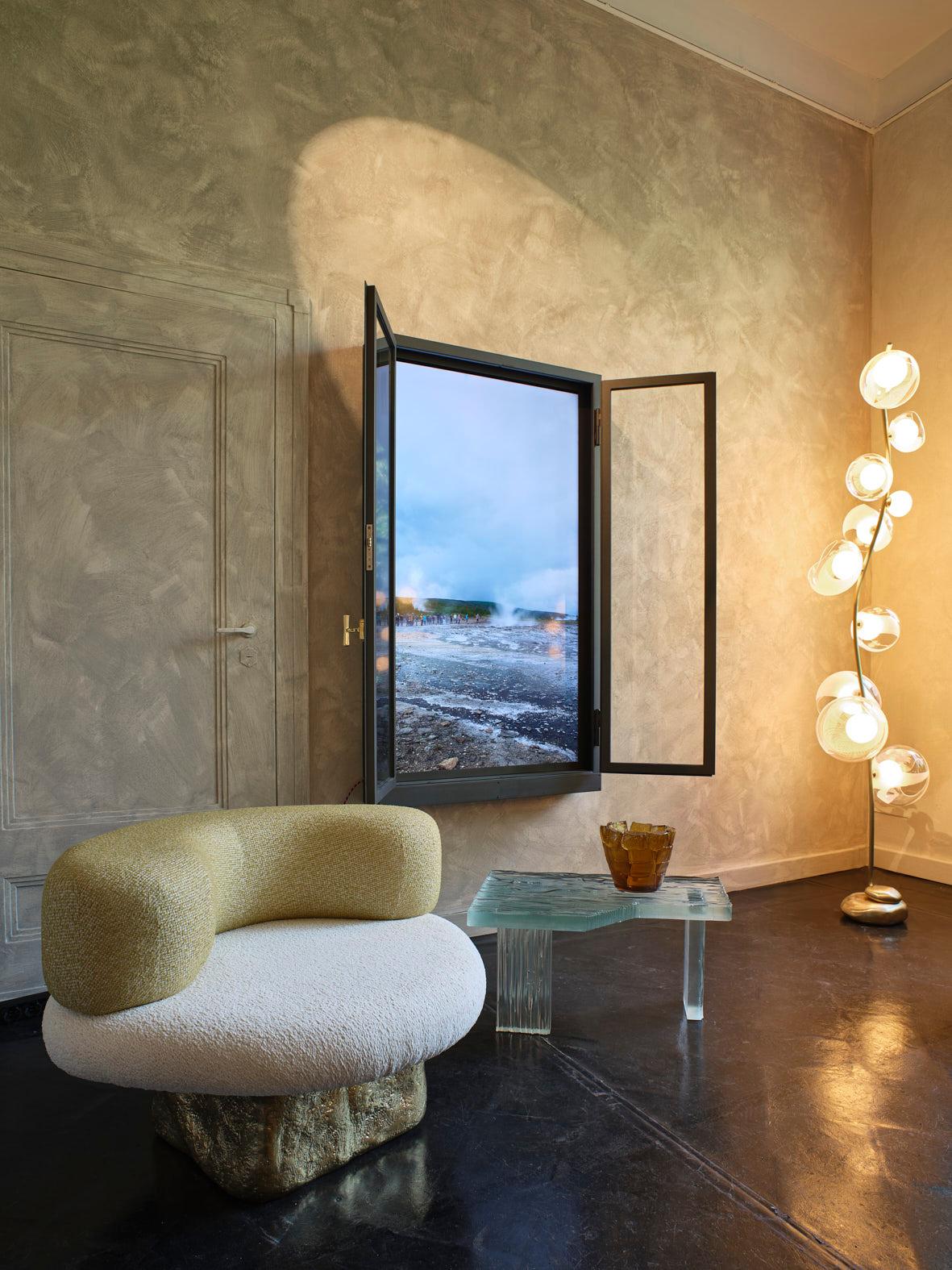 Contemporary Blown glass, engraved porcelain with brass floor lamp by Vezzini & Chen For Sale