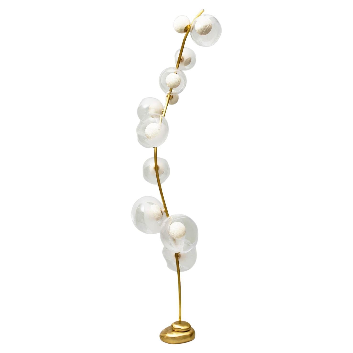 Blown glass, engraved porcelain with brass floor lamp by Vezzini & Chen For Sale