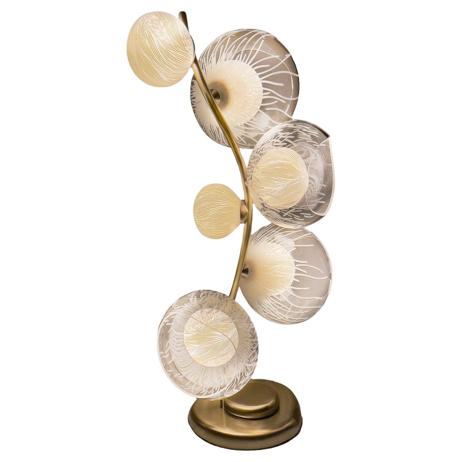 Blown Glass, engraved Porcelain with Brass table lamp by Vezzini & Chen