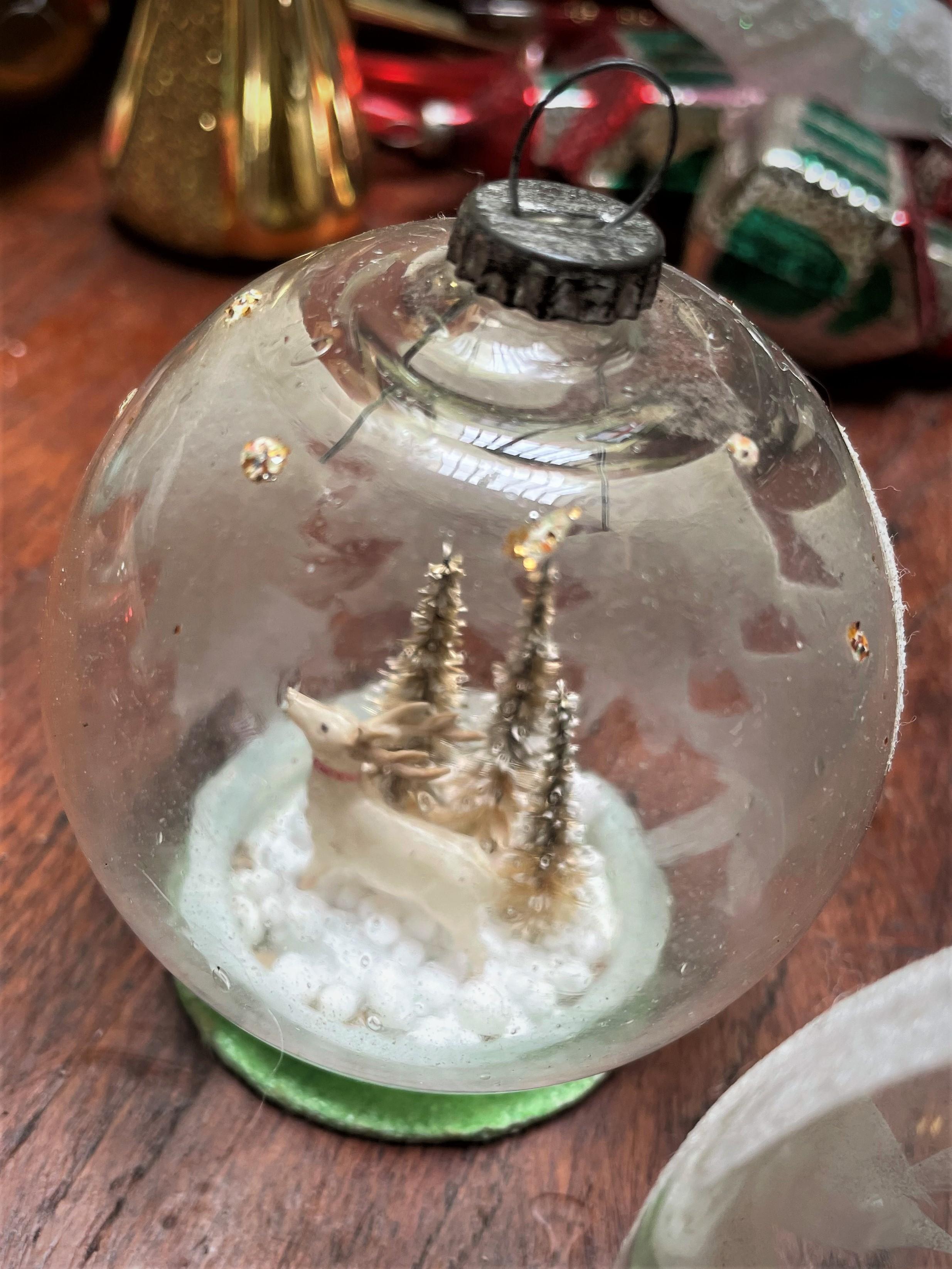 Folk Art Blown Glass Globe Ornament w/ Diorama Winter Scenes Santa Snowman Reindeer Trees