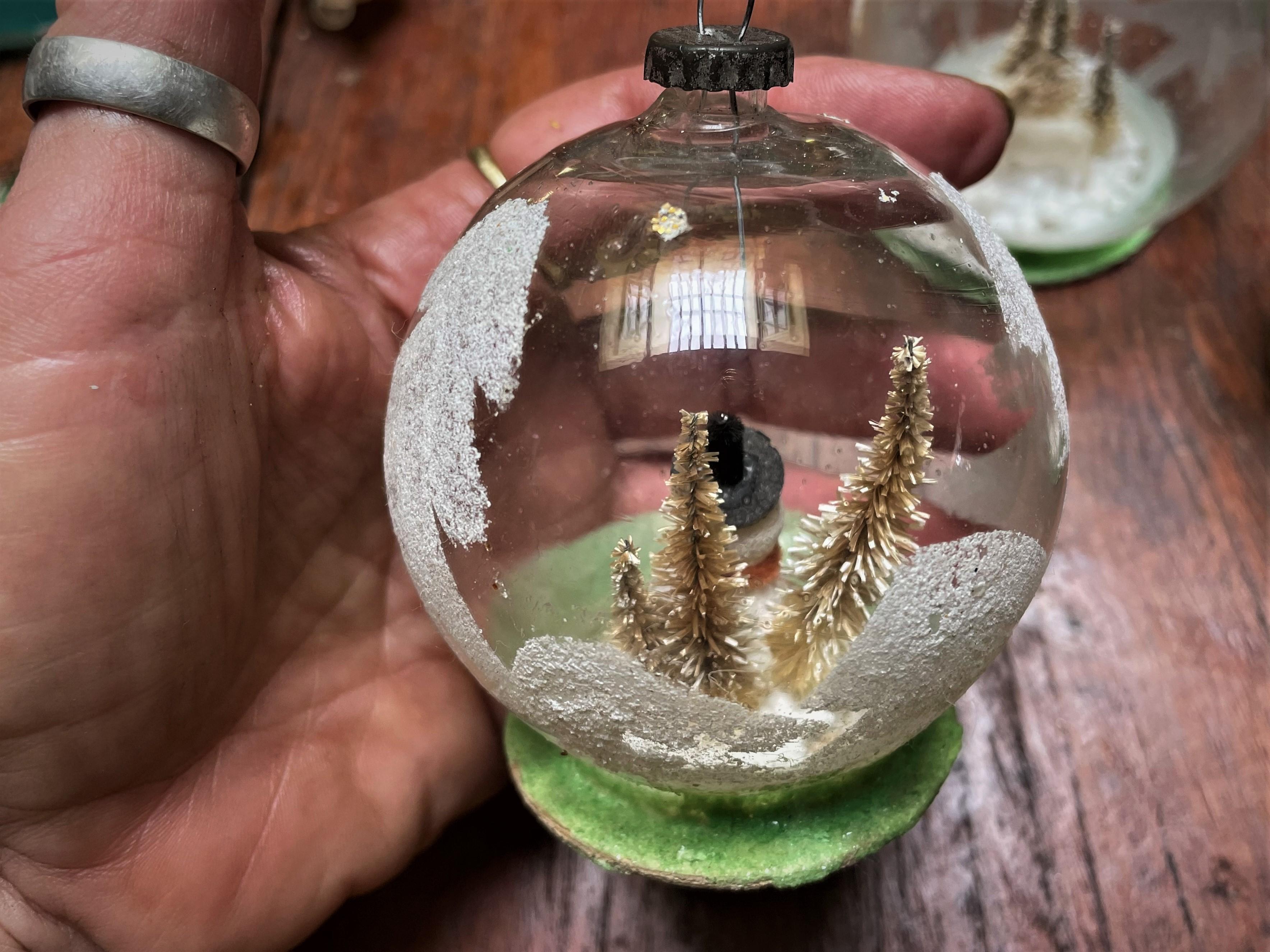 Japanese Blown Glass Globe Ornament w/ Diorama Winter Scenes Santa Snowman Reindeer Trees