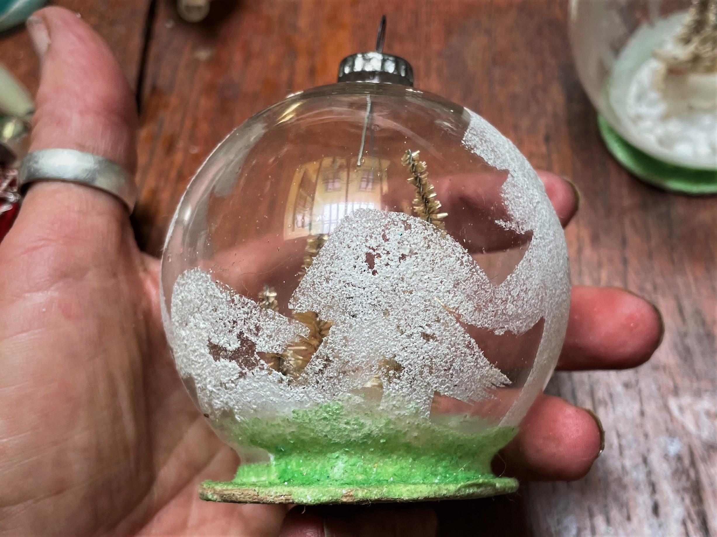 Hand-Painted Blown Glass Globe Ornament w/ Diorama Winter Scenes Santa Snowman Reindeer Trees