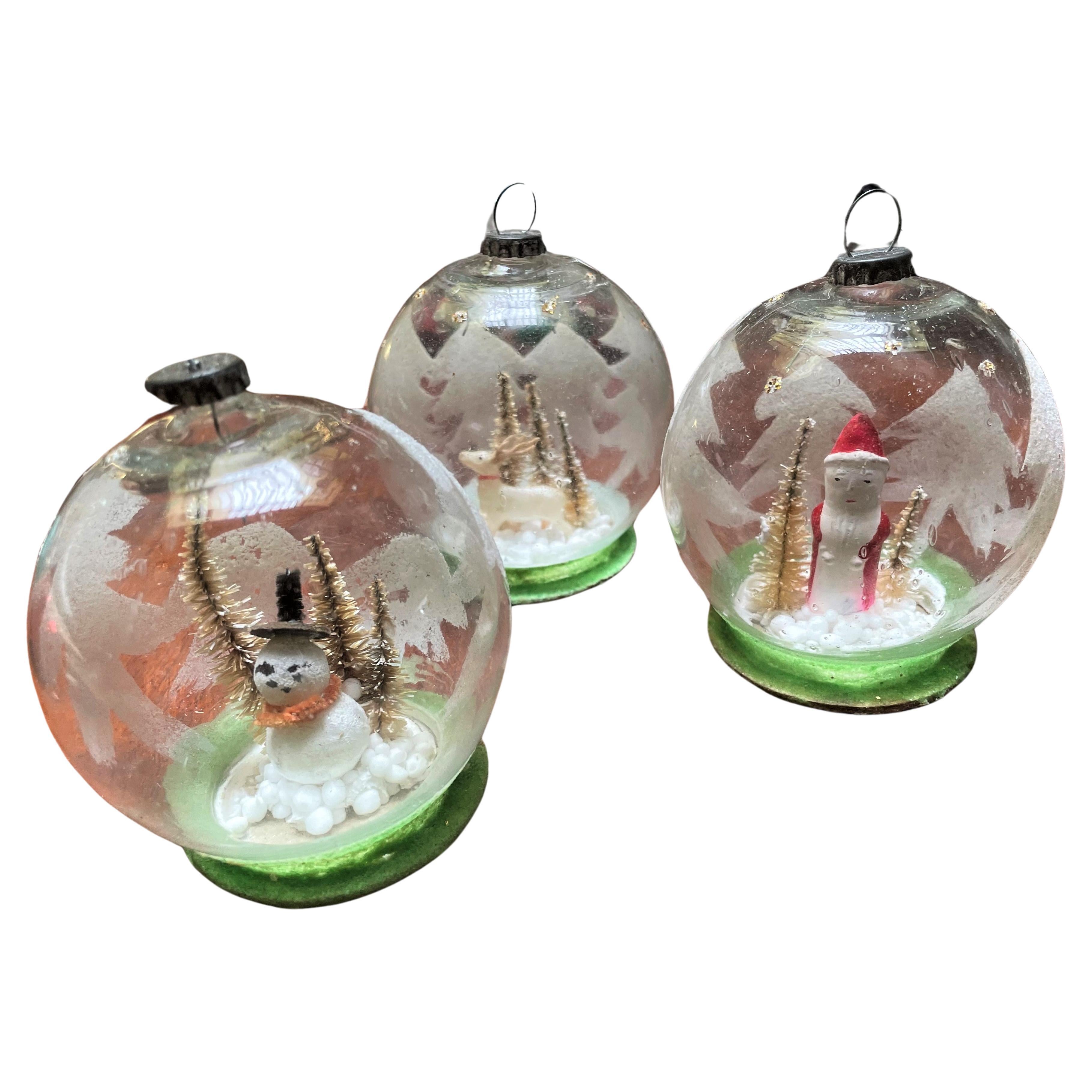 Blown Glass Globe Ornament w/ Diorama Winter Scenes Santa Snowman Reindeer Trees