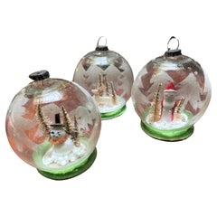 Used Blown Glass Globe Ornament w/ Diorama Winter Scenes Santa Snowman Reindeer Trees