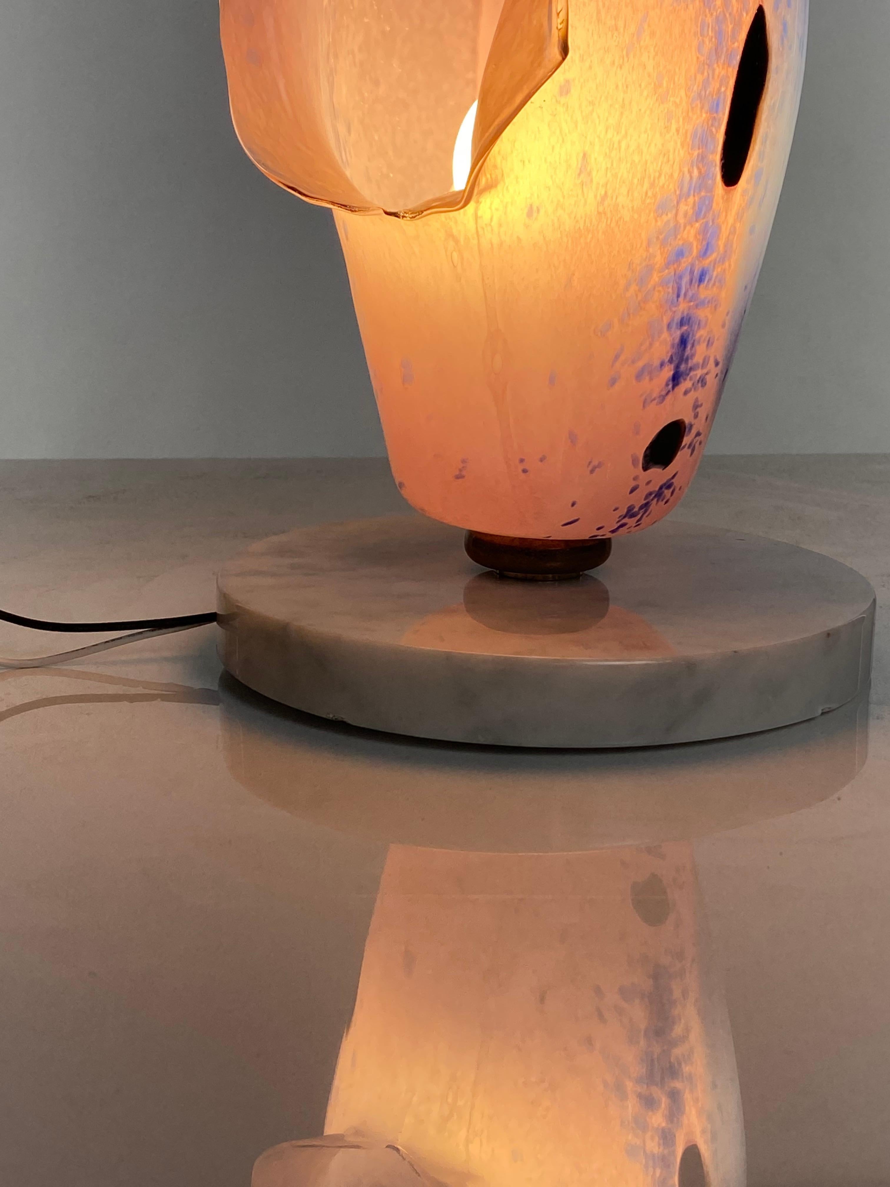 Contemporary Blown Glass Pink and Blue, Marble, Table Lamp Light, 21st Century by Mattia Biagi