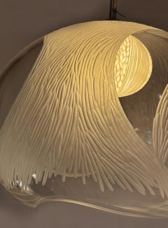Blown glass, porcelain engraved scultptural L pendant light by Vezzini & Chen