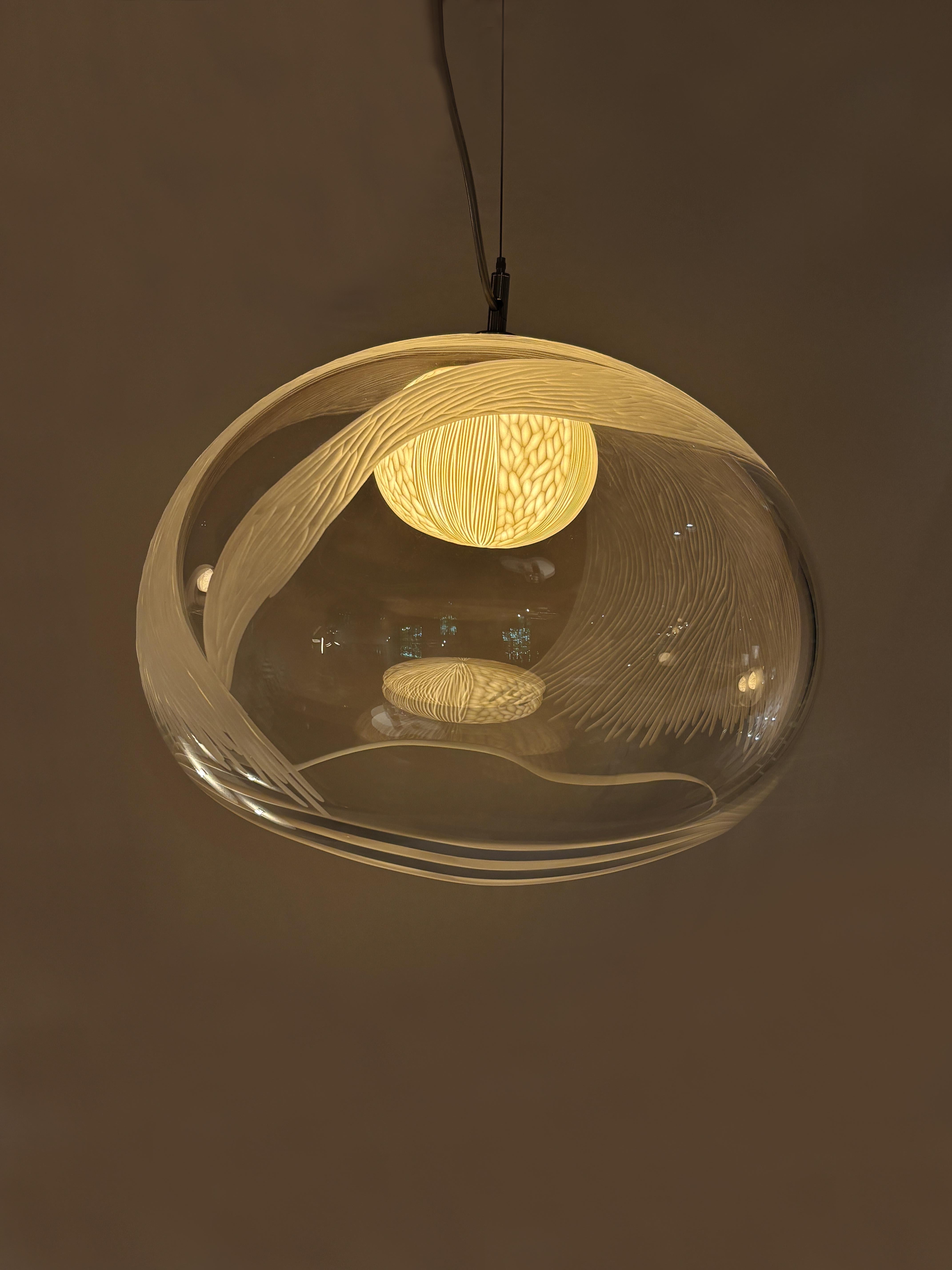 English Blown glass, porcelain engraved scultptural L pendant light by Vezzini & Chen For Sale