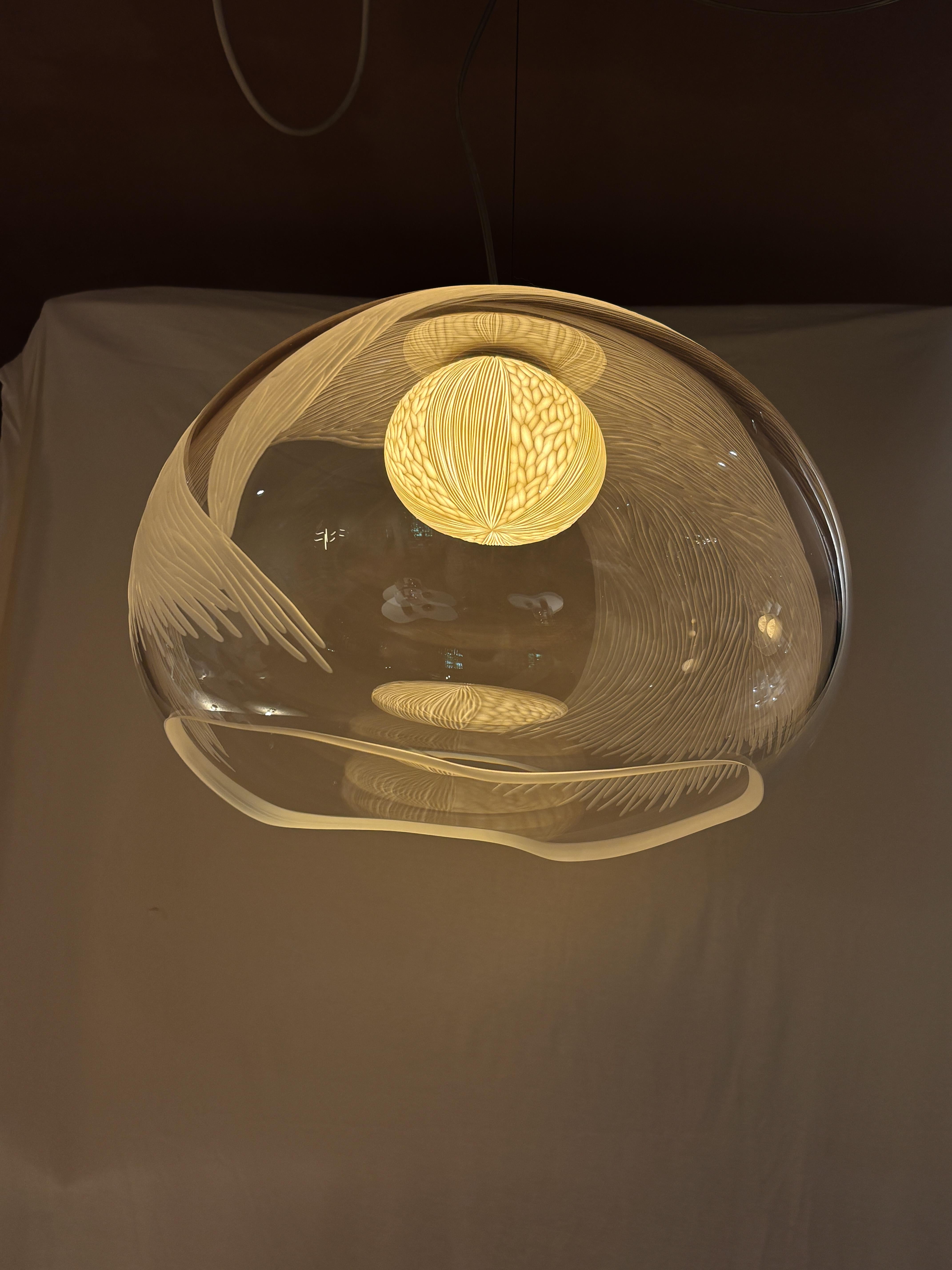 Engraved Blown glass, porcelain engraved scultptural L pendant light by Vezzini & Chen For Sale
