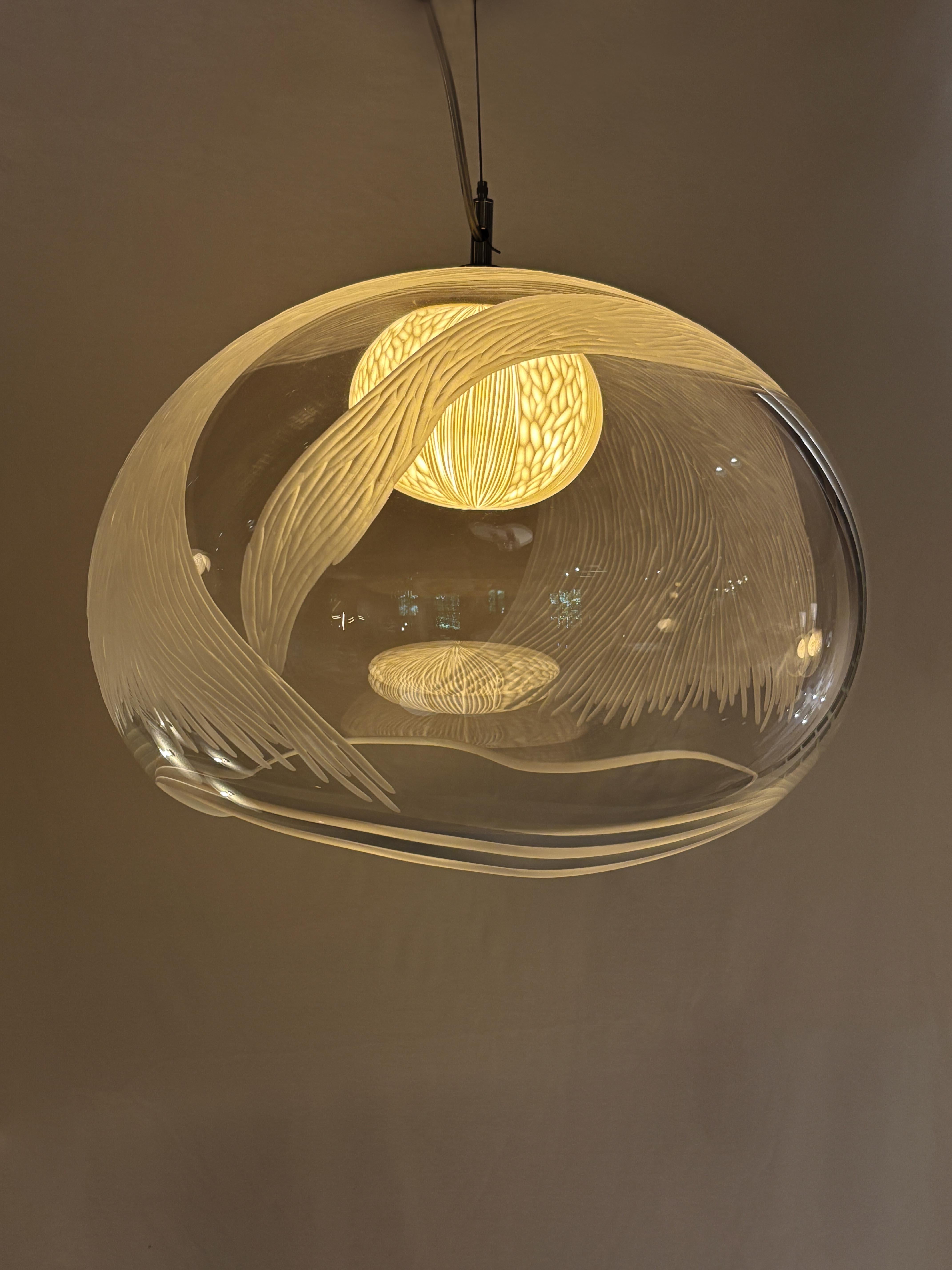 Contemporary Blown glass, porcelain engraved scultptural L pendant light by Vezzini & Chen For Sale