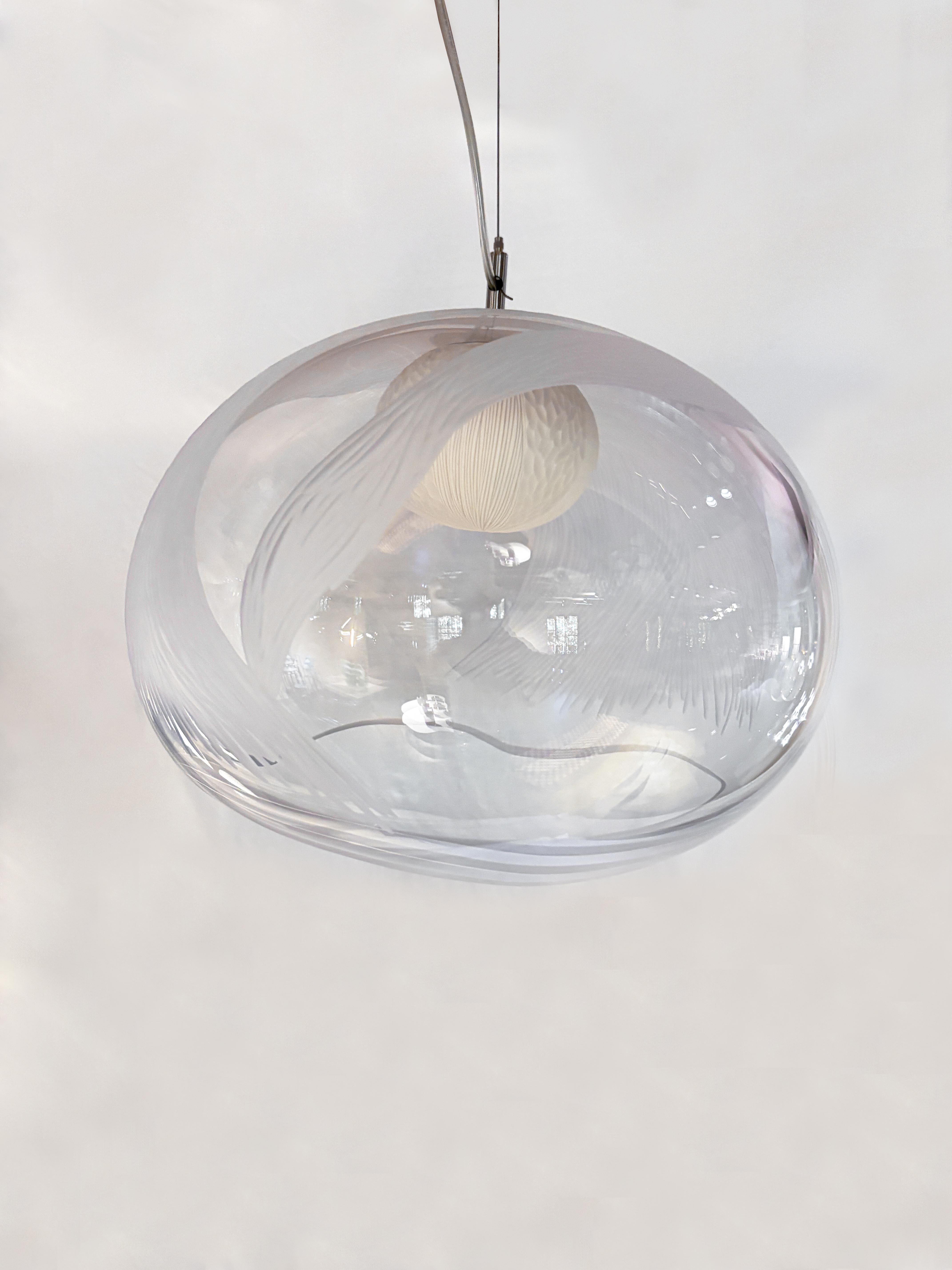 Brass Blown glass, porcelain engraved scultptural L pendant light by Vezzini & Chen For Sale