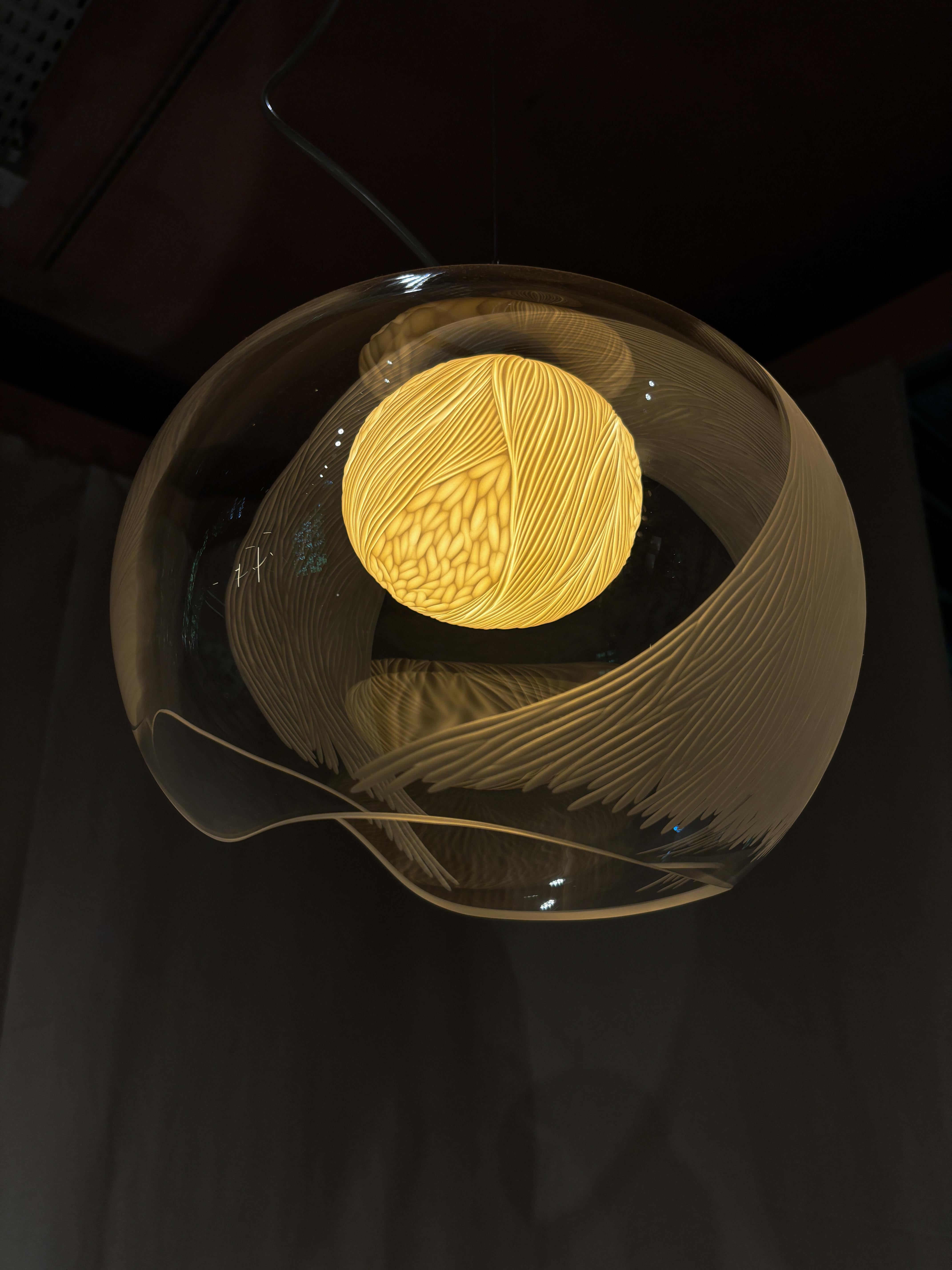 Engraved Blown glass, porcelain engraved scultptural med pendant light by Vezzini & Chen For Sale