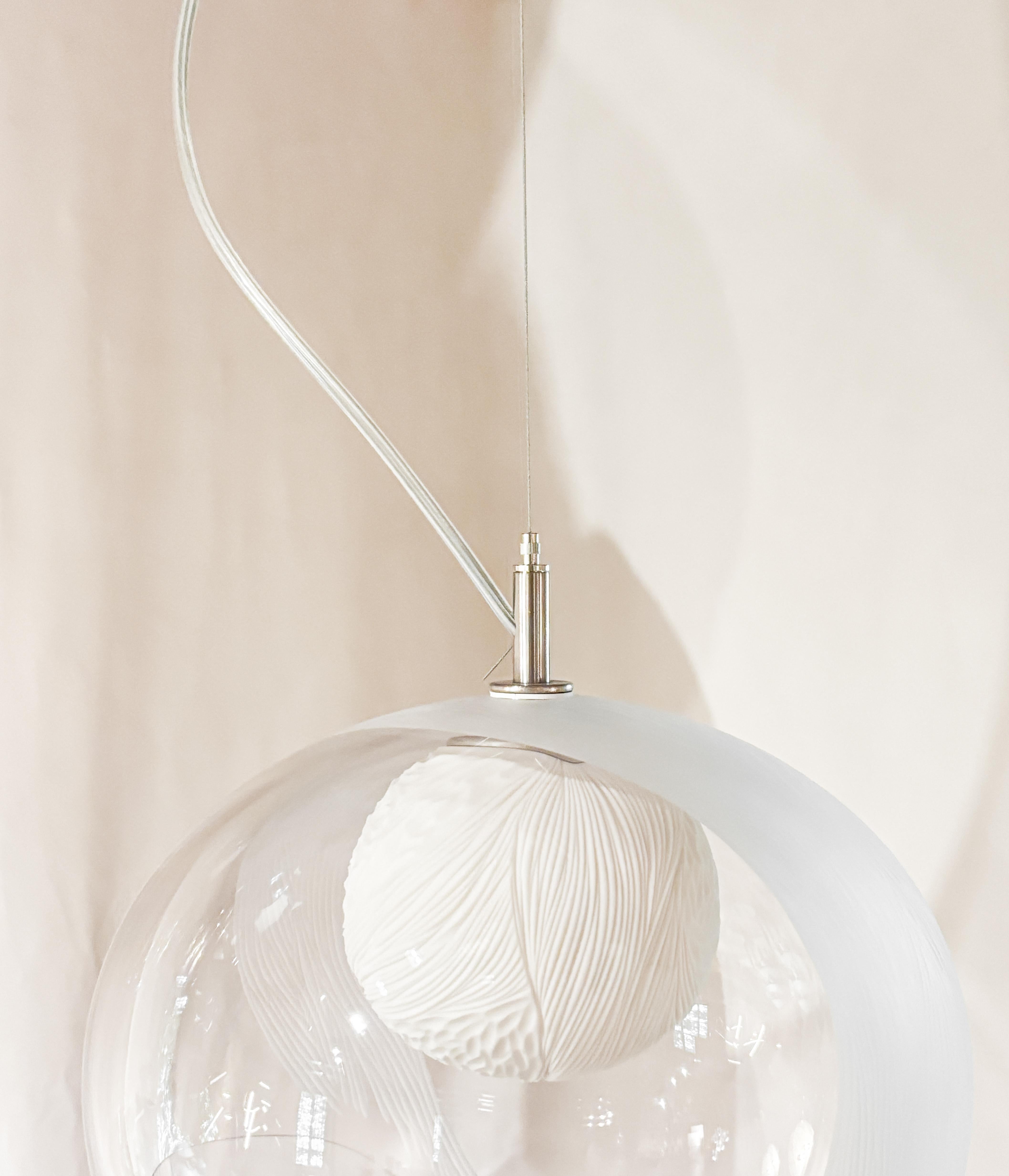 Brass Blown glass, porcelain engraved scultptural med pendant light by Vezzini & Chen For Sale