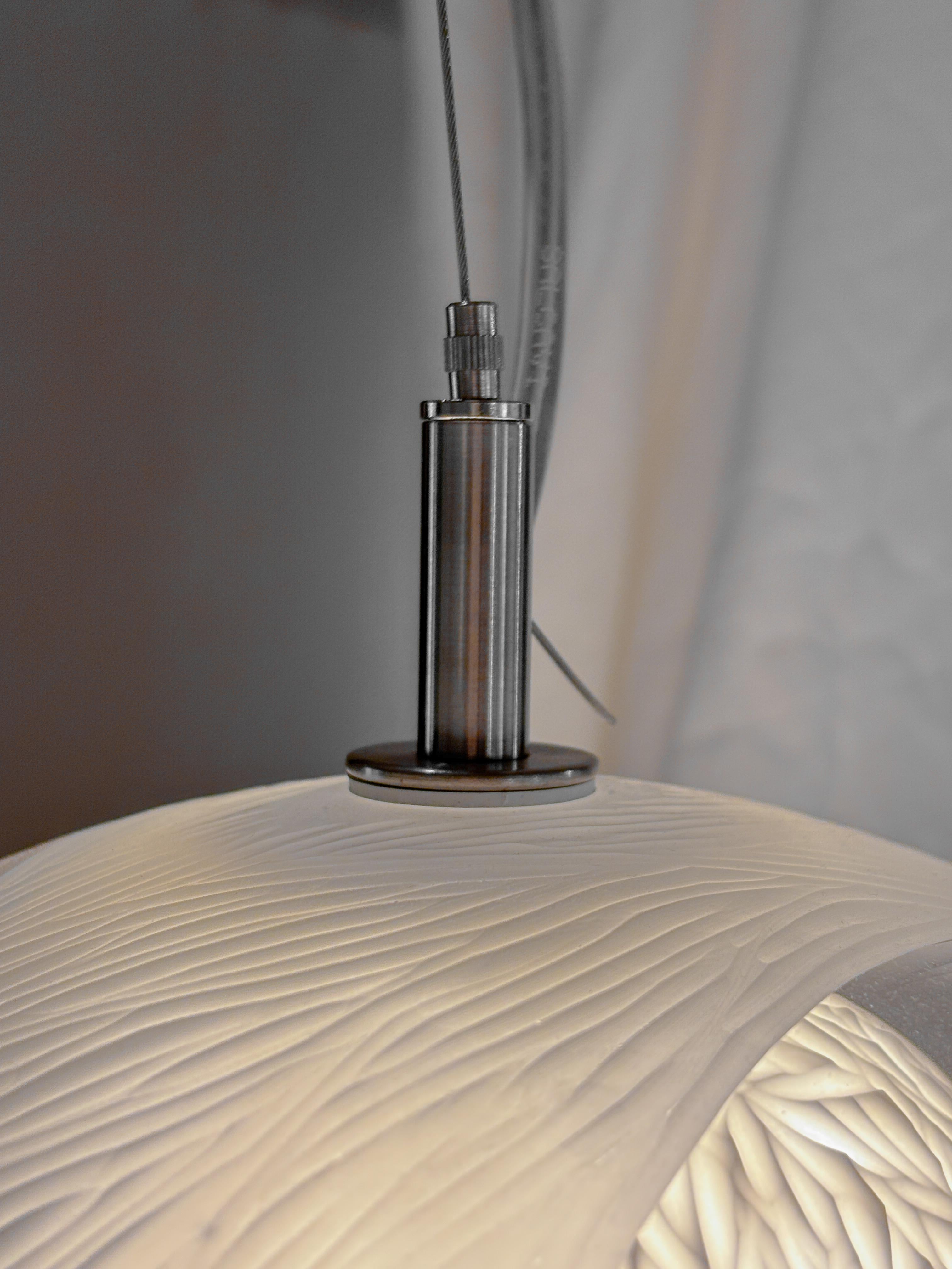 Blown glass, porcelain engraved scultptural med pendant light by Vezzini & Chen For Sale 1