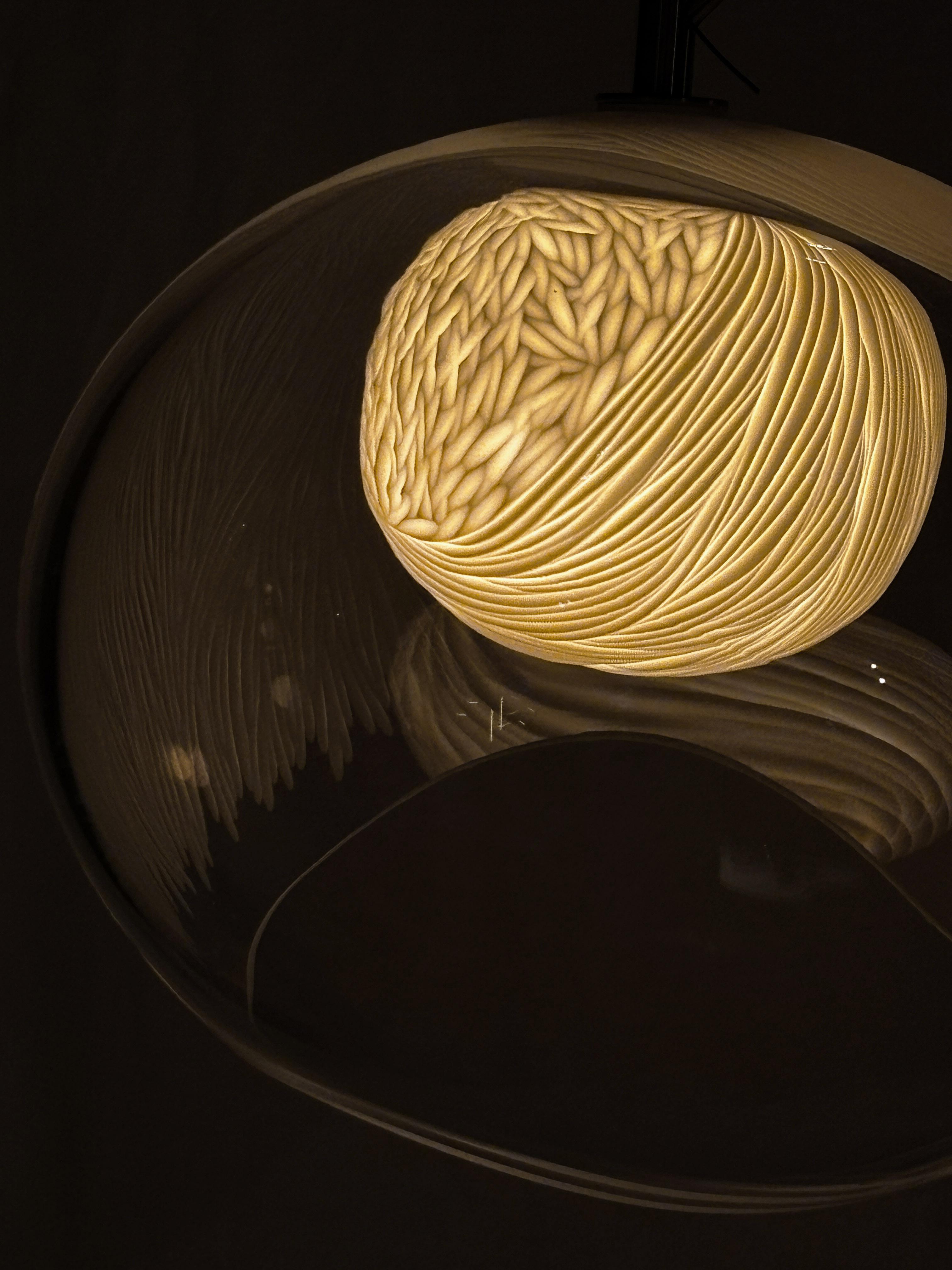 Engraved Blown glass, porcelain engraved scultptural med2 pendant light by Vezzini & Chen For Sale
