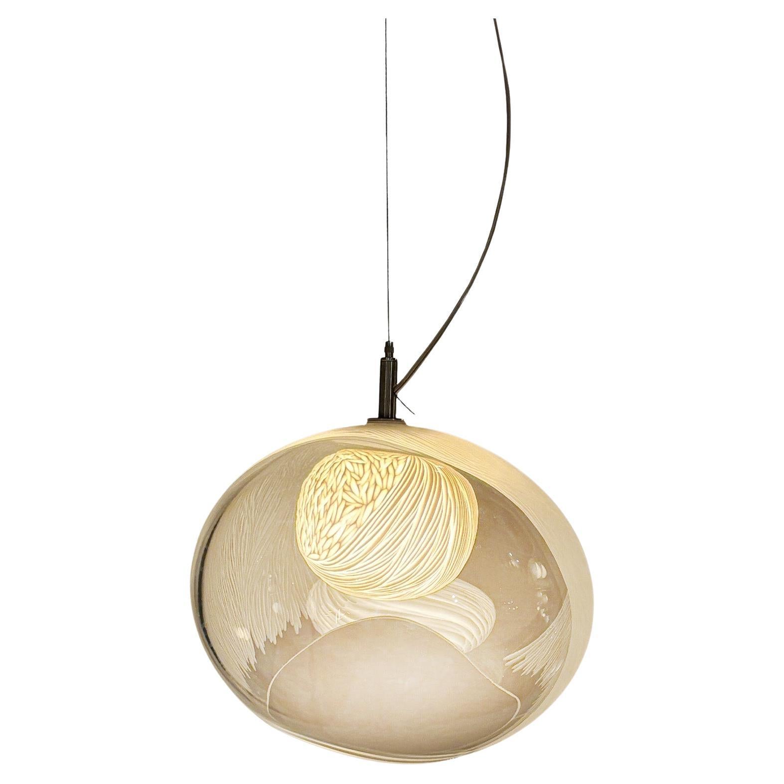Blown glass, porcelain engraved scultptural med2 pendant light by Vezzini & Chen