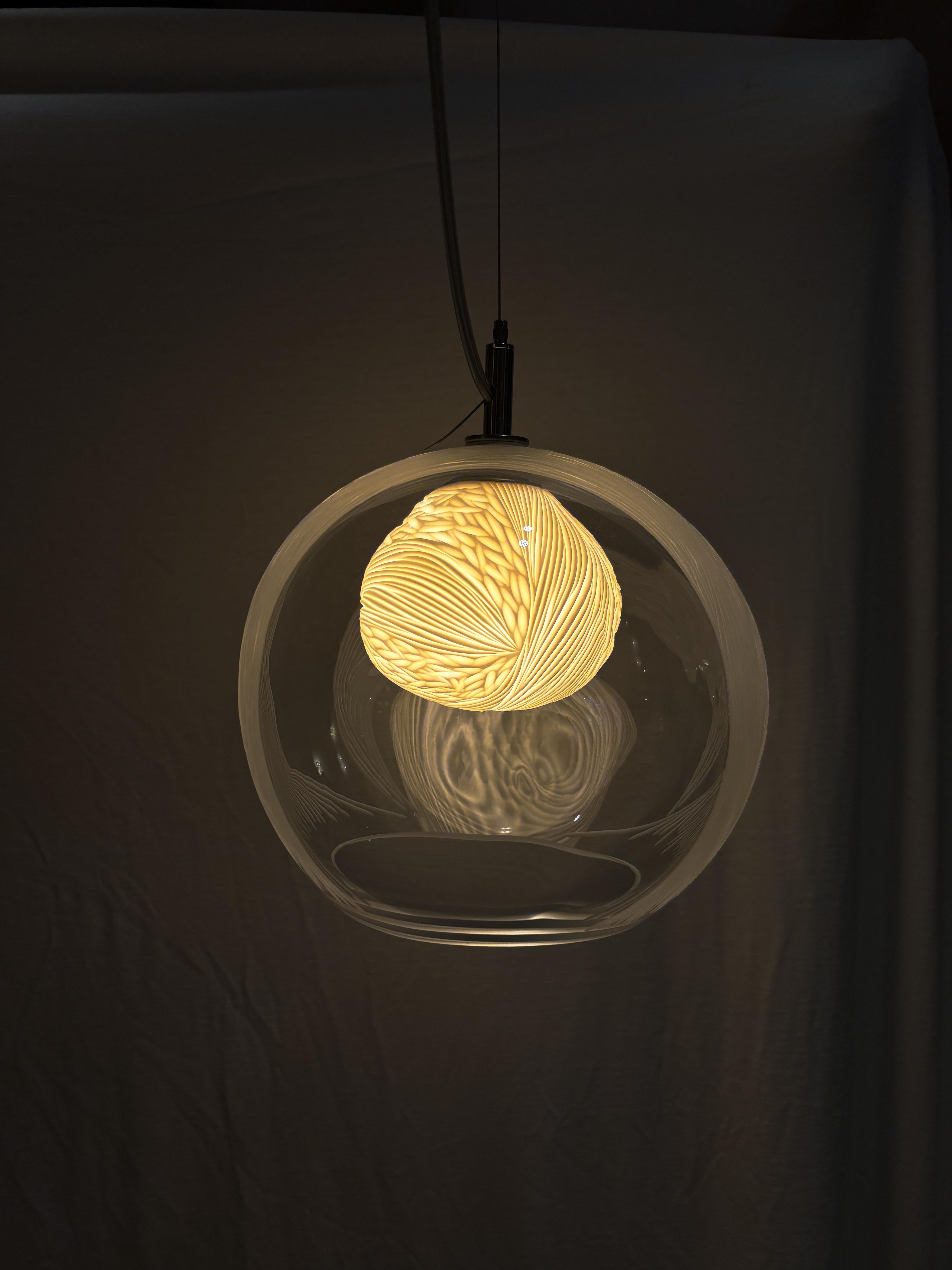 English Blown glass, porcelain engraved scultptural mini pendant light by Vezzini & Chen For Sale