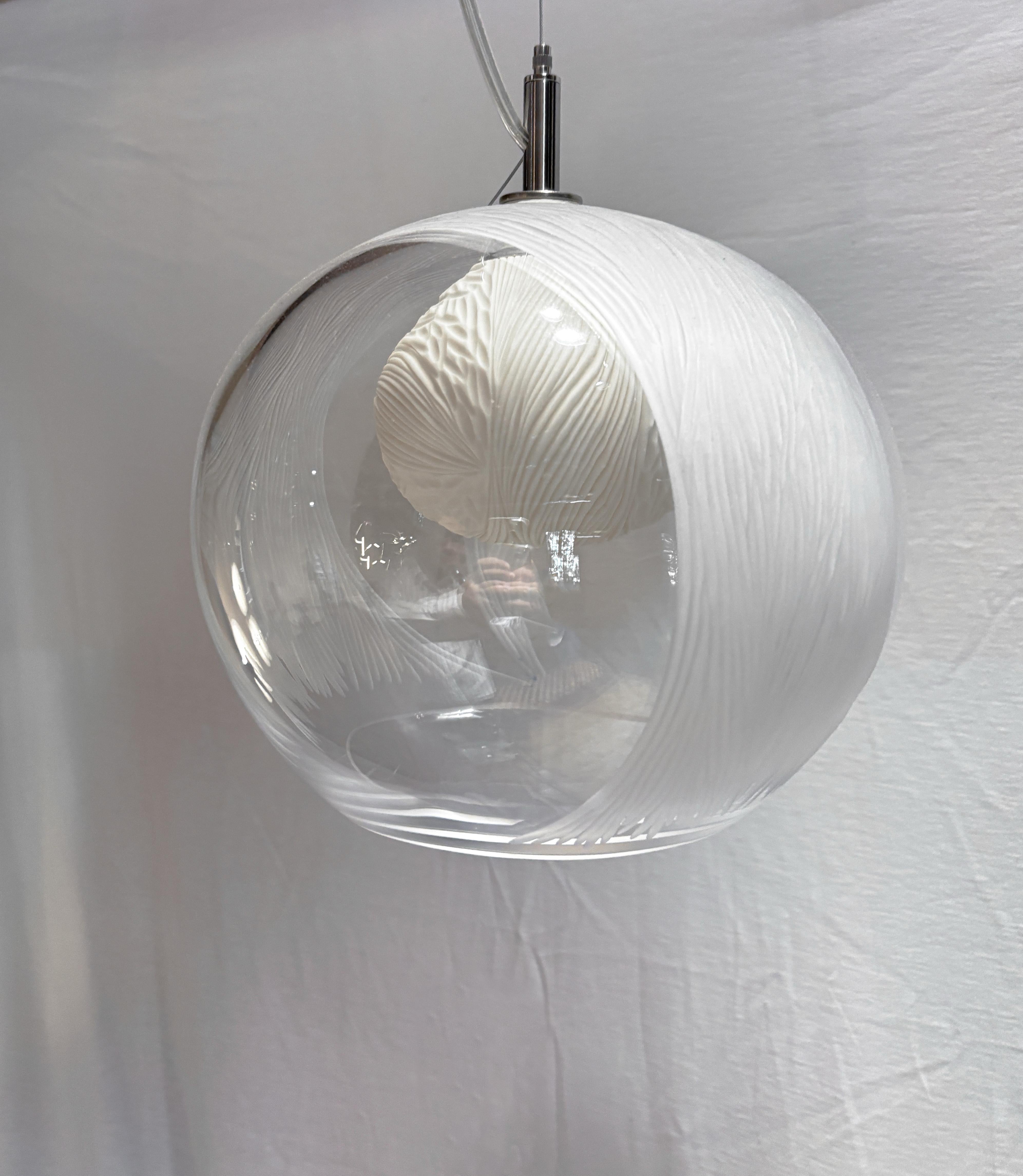 Brass Blown glass, porcelain engraved scultptural mini pendant light by Vezzini & Chen For Sale