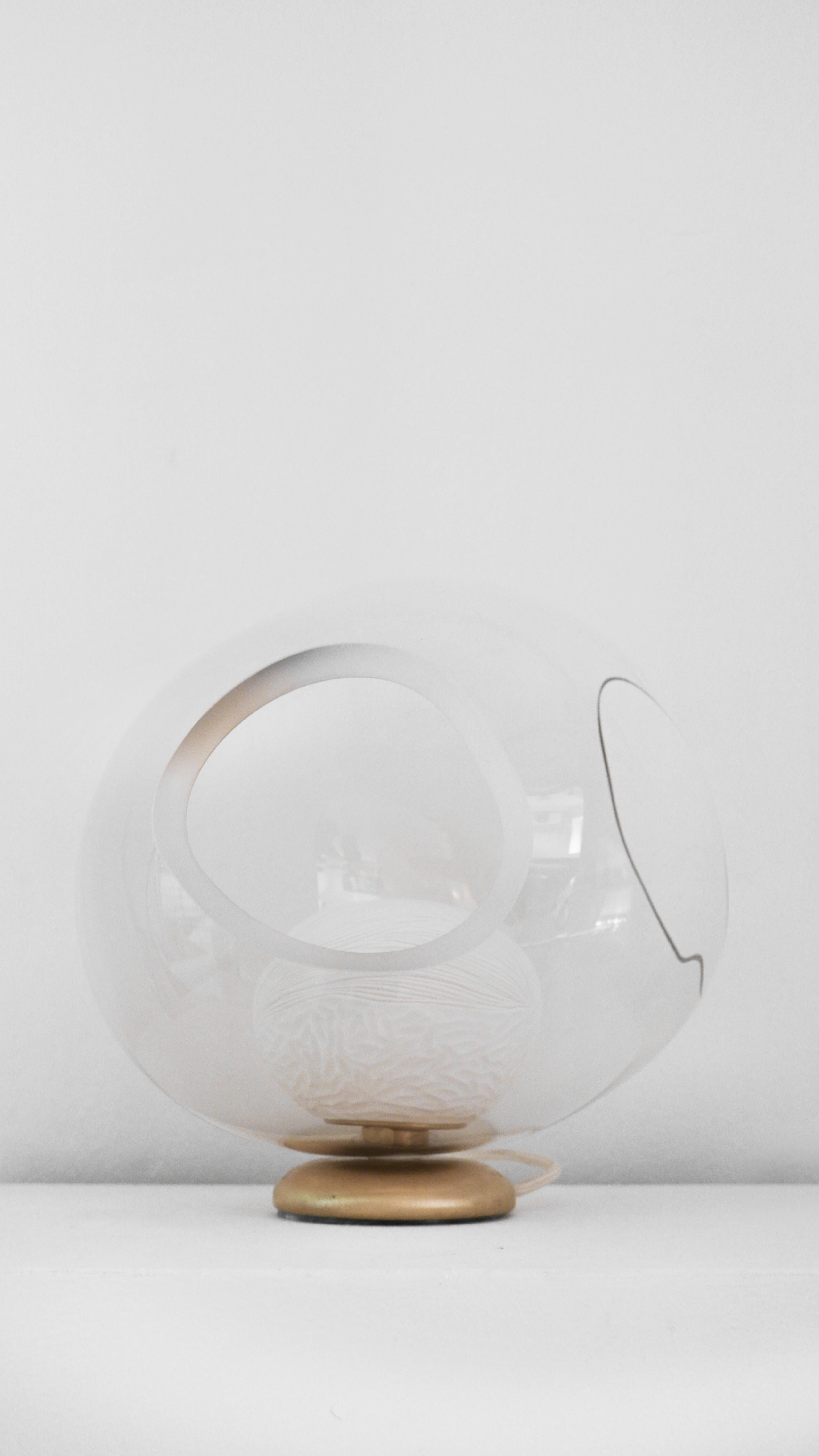 Engraved Blown Glass, Porcelain engraved with brushed Brass table light by Vezzini & Chen For Sale