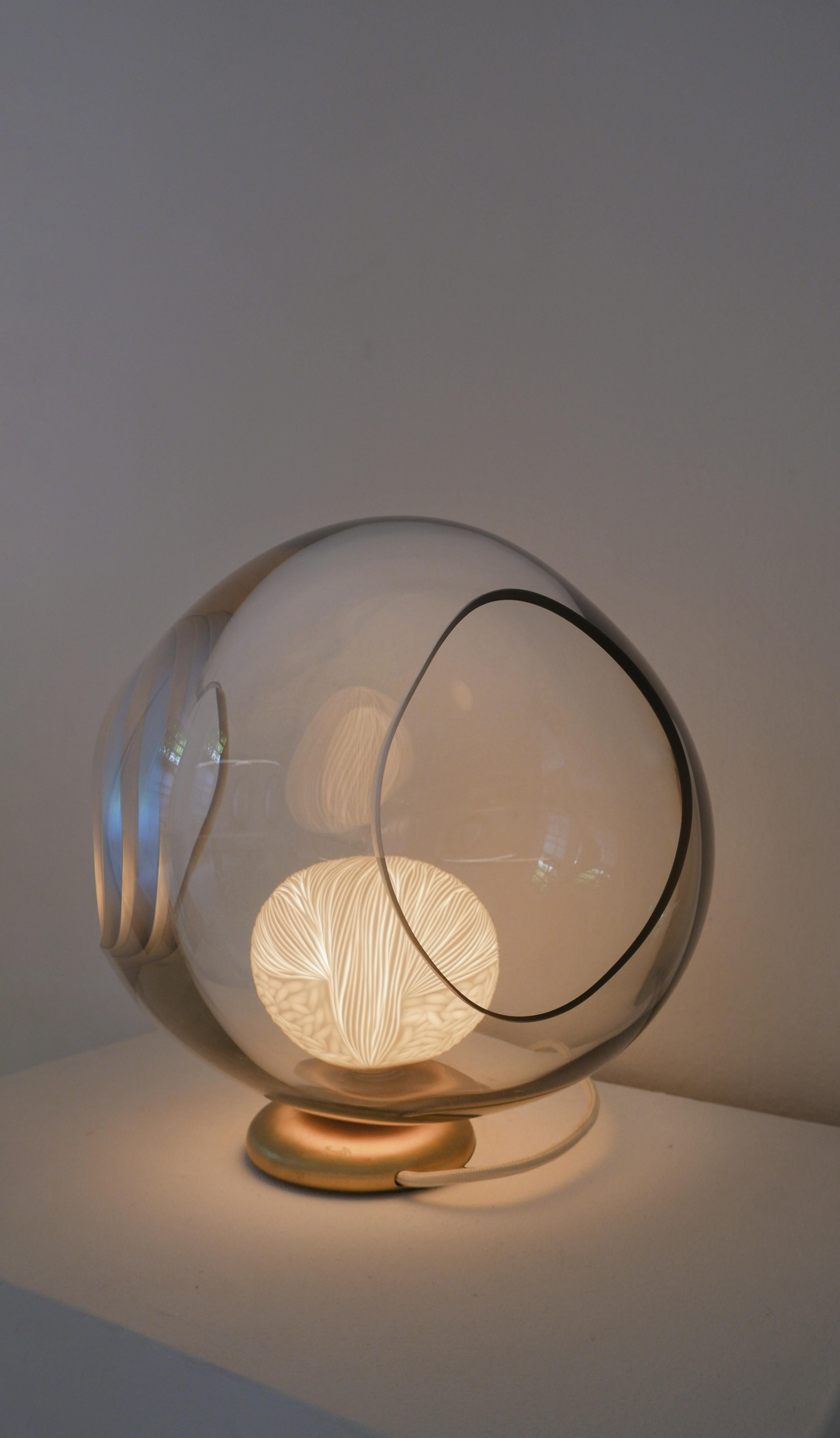 Contemporary Blown Glass, Porcelain engraved with brushed Brass table light by Vezzini & Chen For Sale