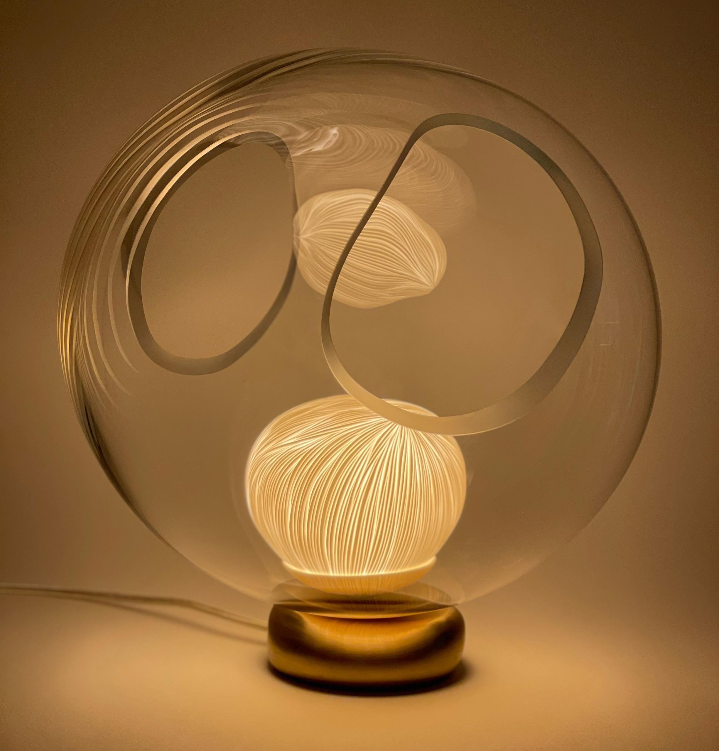 Blown Glass, Porcelain engraved with brushed Brass table light by Vezzini & Chen For Sale 2