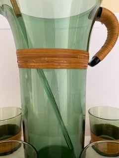 Blown Glass & Rattan Cocktail Pitcher with Bar Glasses & Stirrer Stick