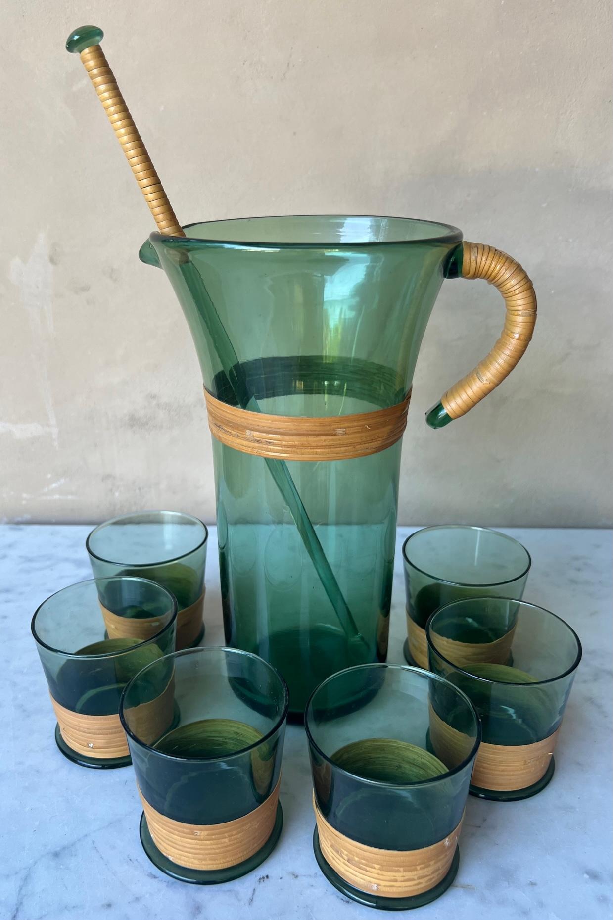 Blown Glass & Rattan Cocktail Pitcher with Bar Glasses & Stirrer Stick In Good Condition In Ross, CA