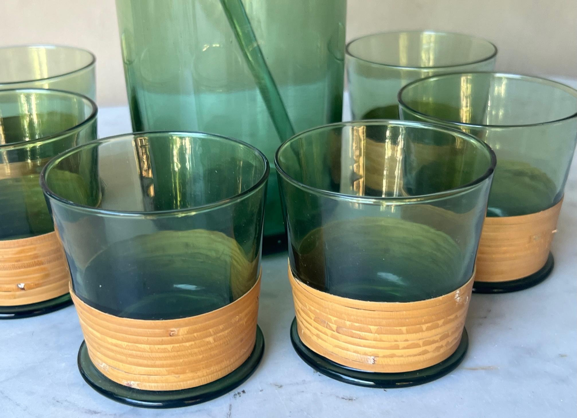 Late 20th Century Blown Glass & Rattan Cocktail Pitcher with Bar Glasses & Stirrer Stick