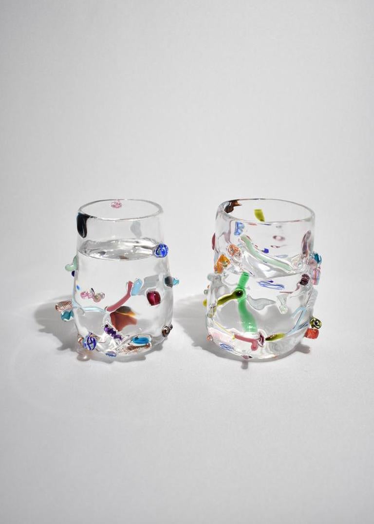 Blown Glass Tumbler Set of Two with Applied Cane Decoration In New Condition In Richmond, VA