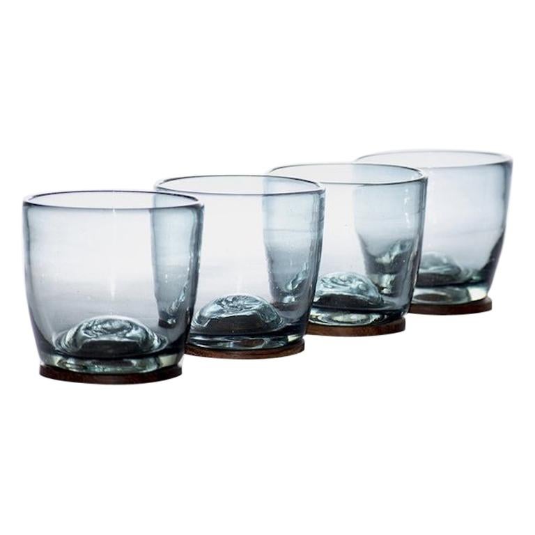 Blown Glass Tumblers in Grey with Wood Coaster, Set of 4, in Stock