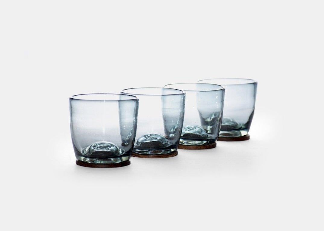 Mexican Blown Glass Tumblers Transparent with Wood Coaster, Set of 4, in Stock