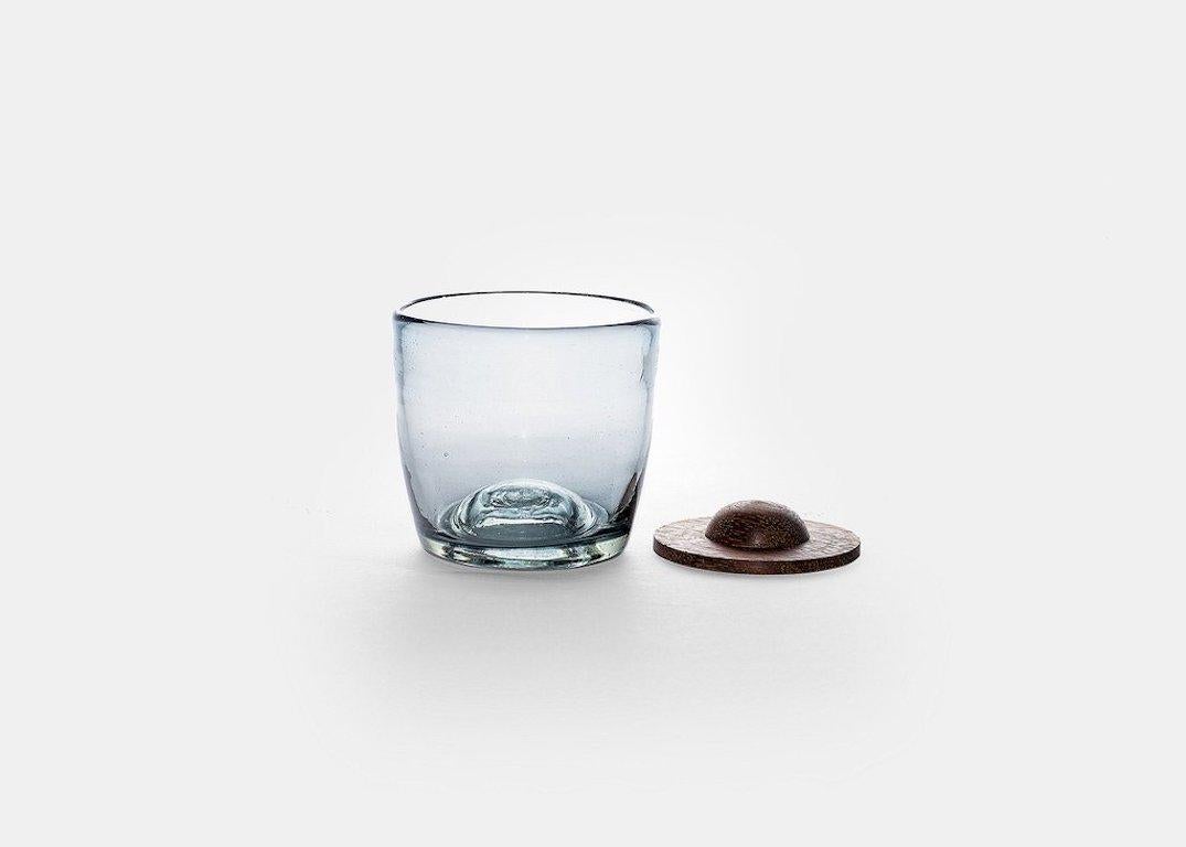 Hand-Crafted Blown Glass Tumblers Transparent with Wood Coaster, Set of 4, in Stock