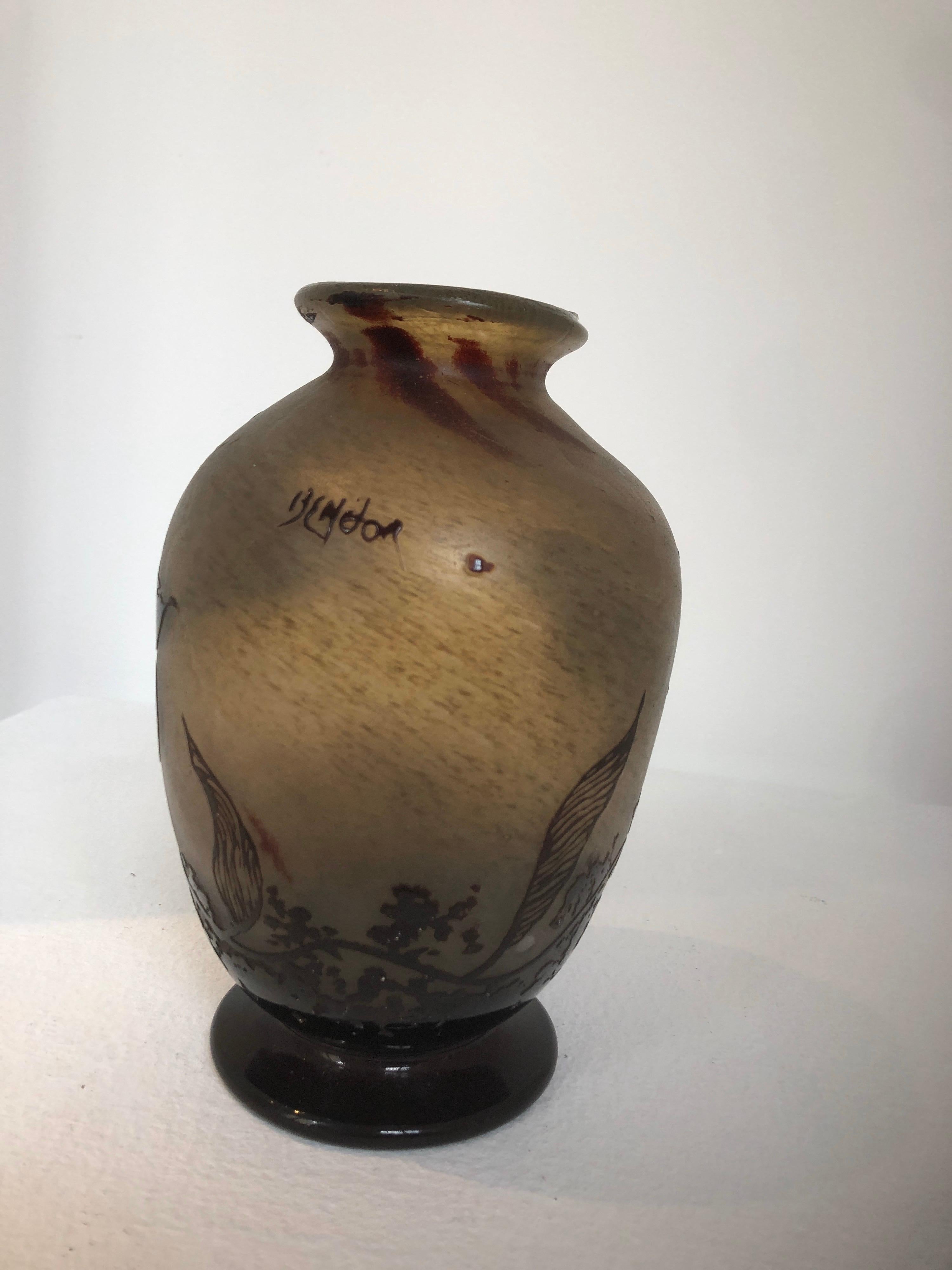 Blown Glass Vase of Benor Cleared Acid Multilayer Glass with Floral Decoration In Good Condition For Sale In Paris, France