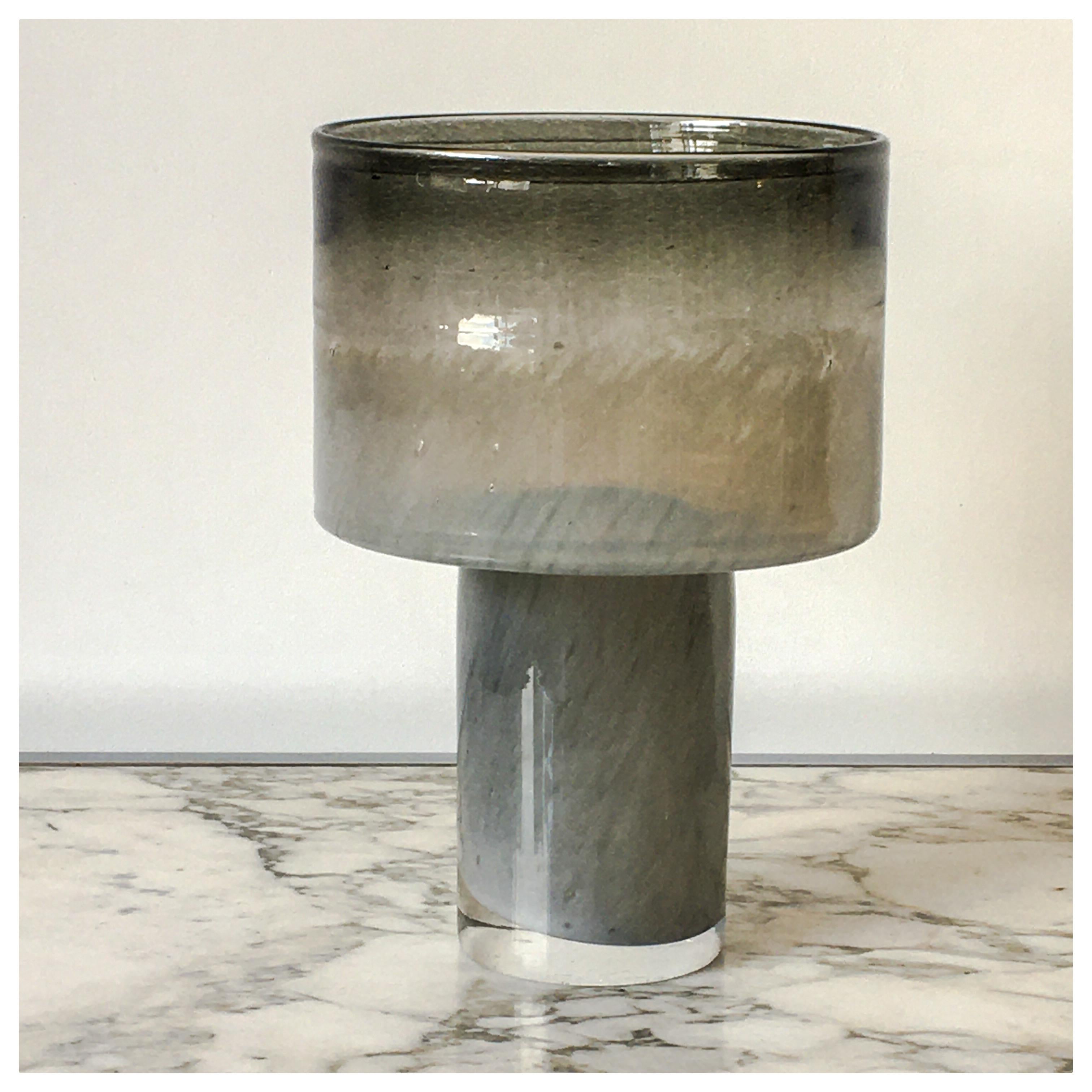 Blown glass vase on base in a smokey grey 10