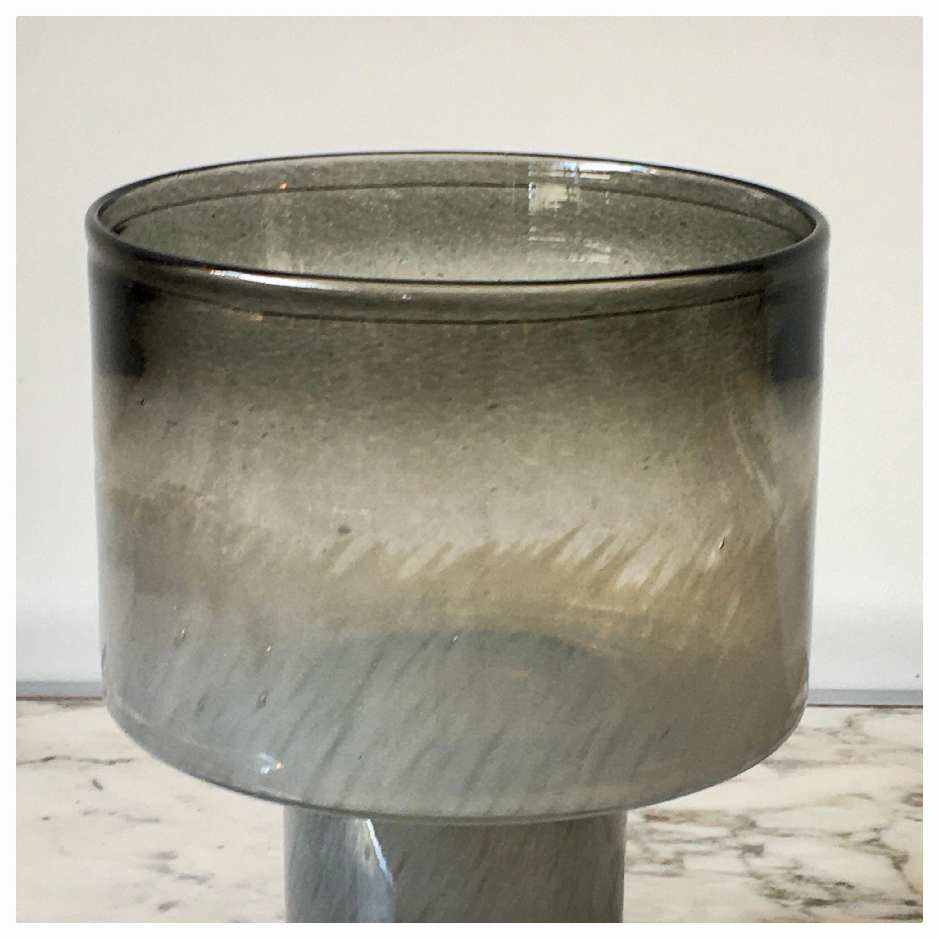 Blown glass vase on base in a smokey grey 11