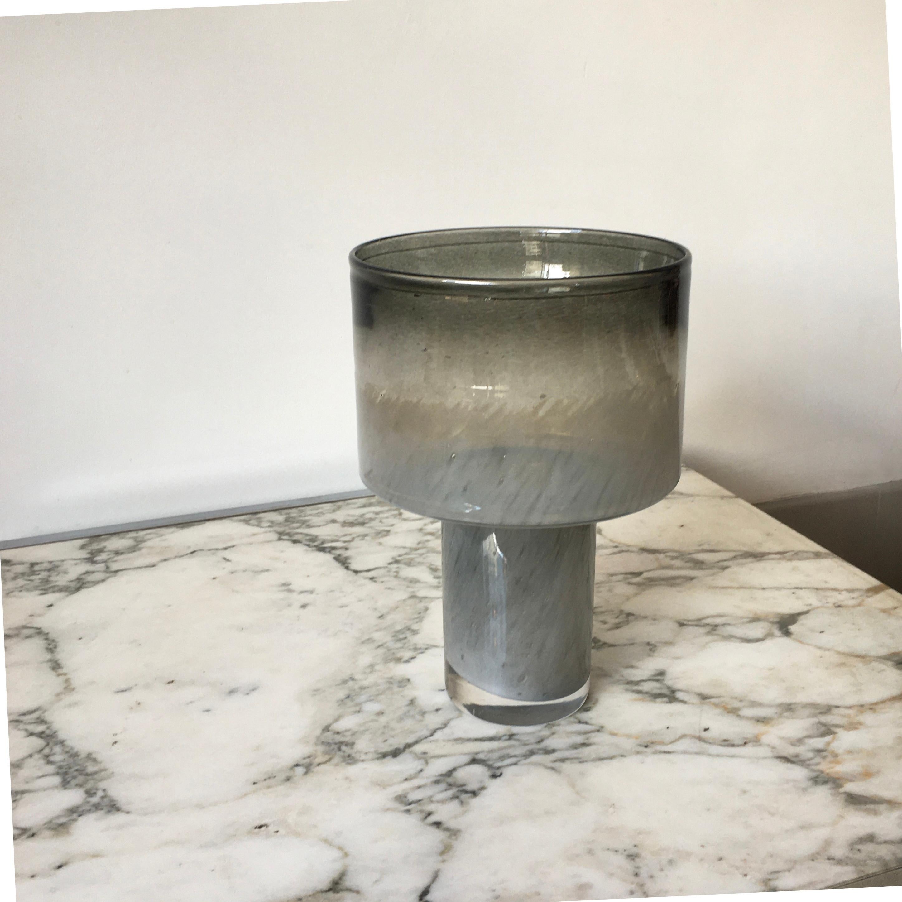 Blown glass vase on base in a smokey grey 12
